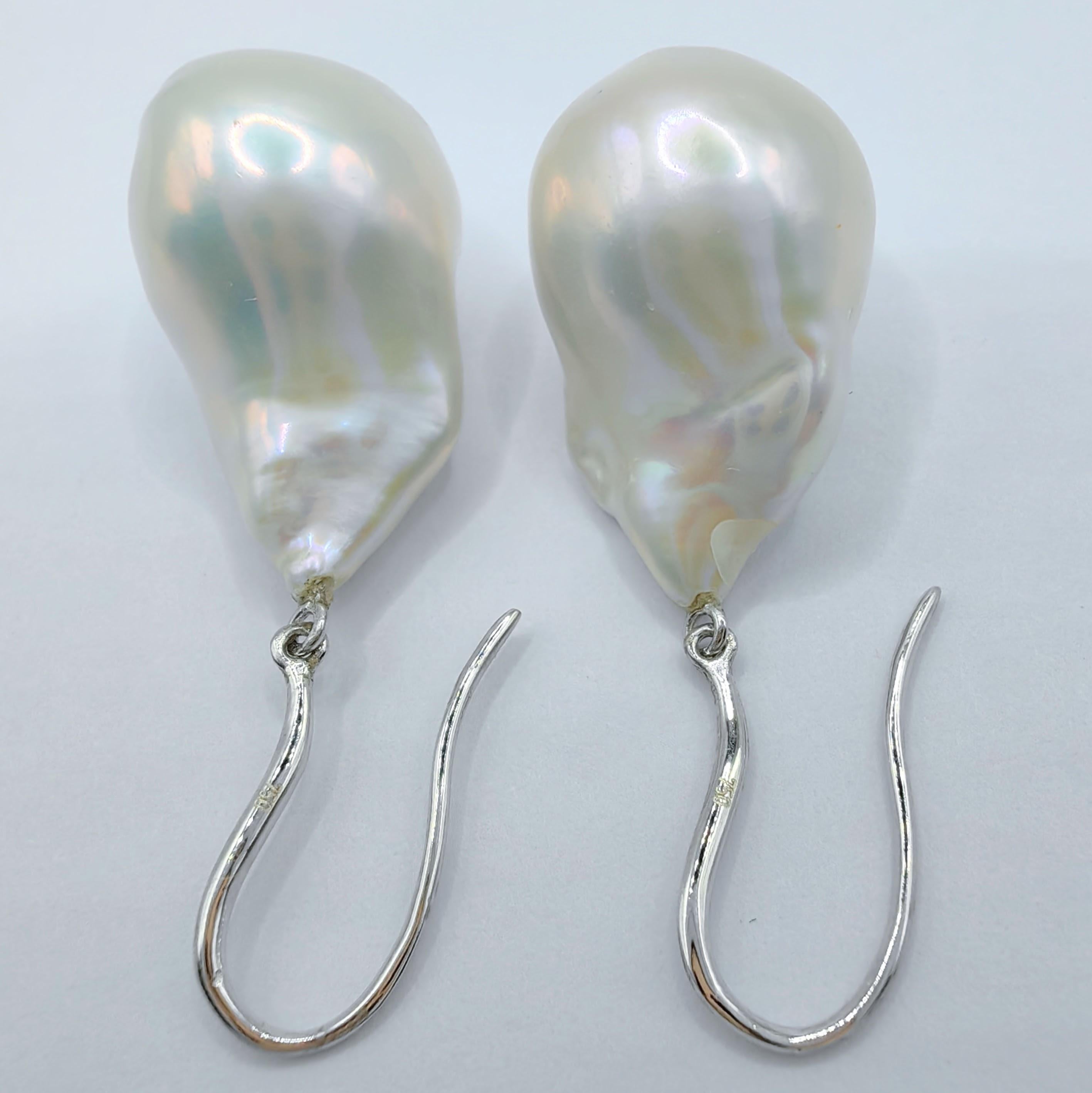 Iridescent White Baroque Pearl Drop Earrings With 18K White Gold French Hooks For Sale 1