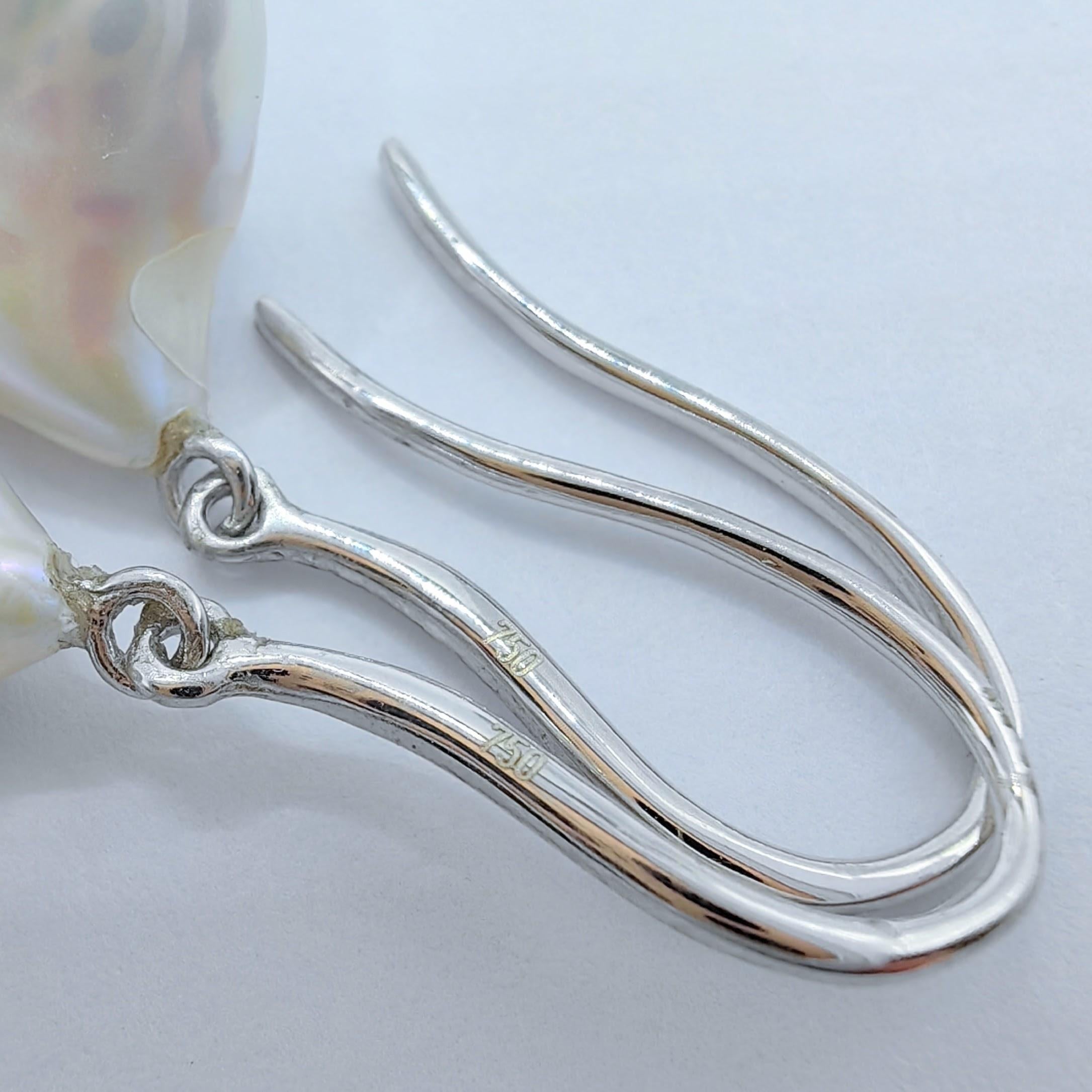 Iridescent White Baroque Pearl Drop Earrings With 18K White Gold French Hooks For Sale 2