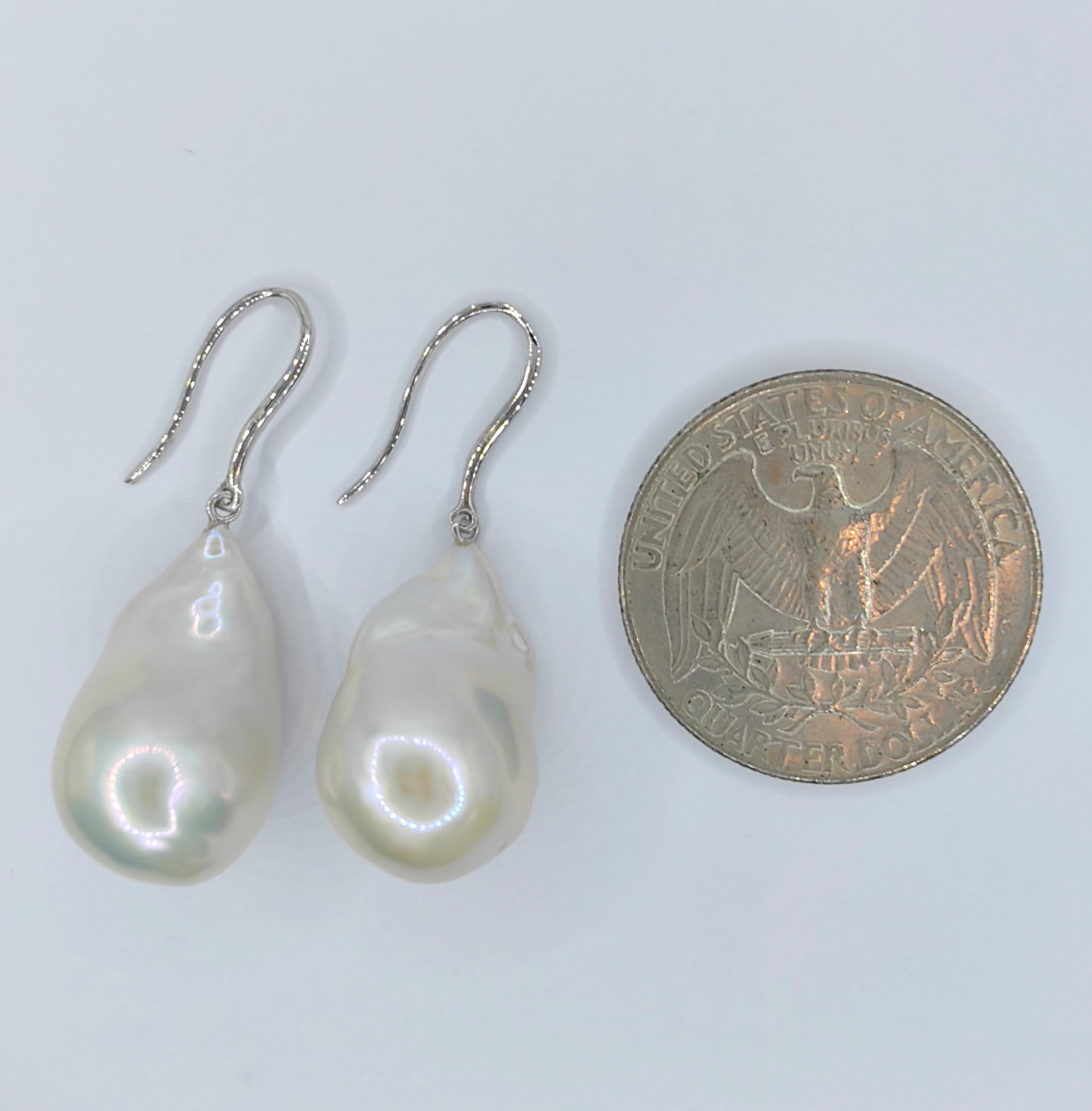 Iridescent White Baroque Pearl Drop Earrings With 18K White Gold French Hooks For Sale 3