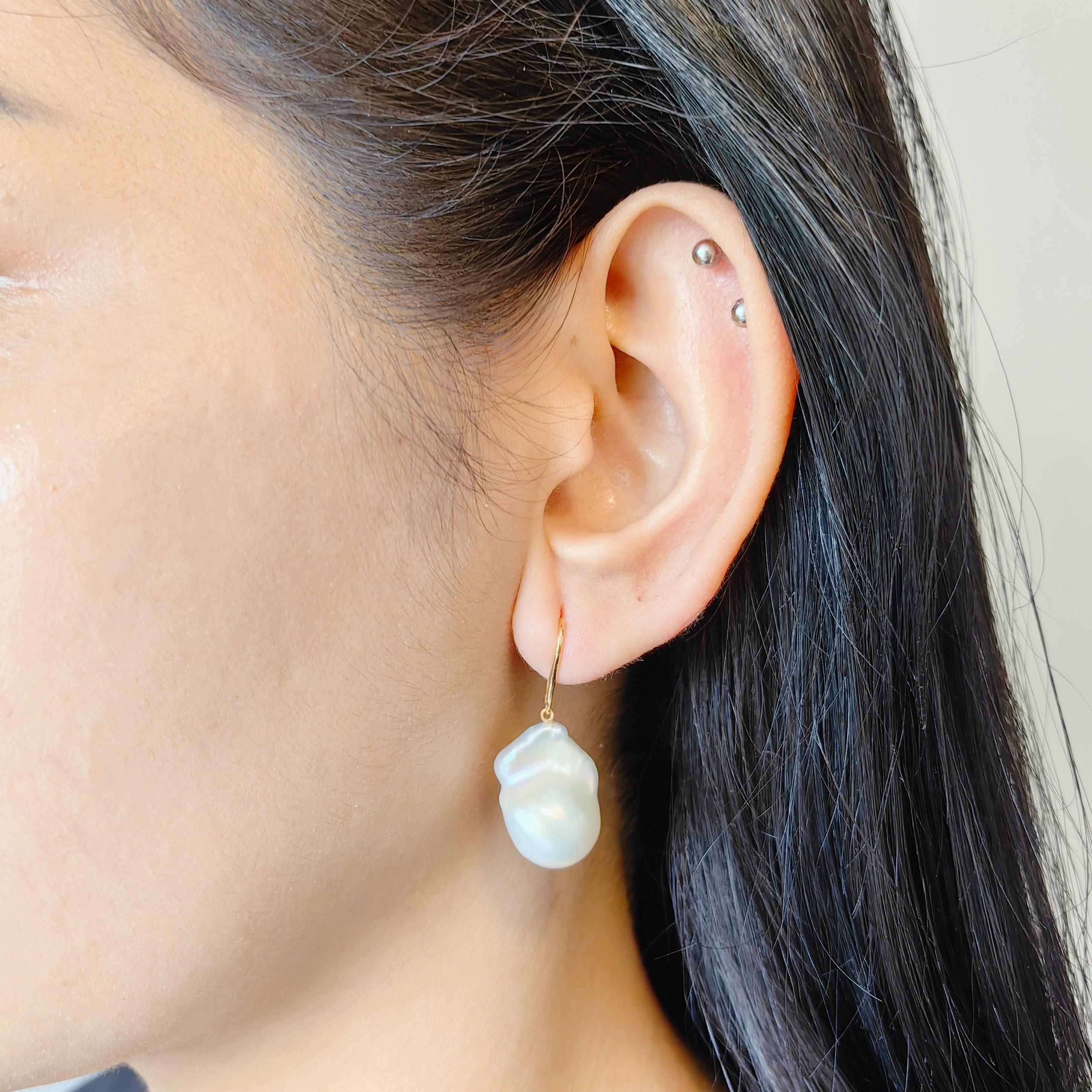 Iridescent White Baroque Pearl Drop Earrings With 18K Yellow Gold French Hooks For Sale 4