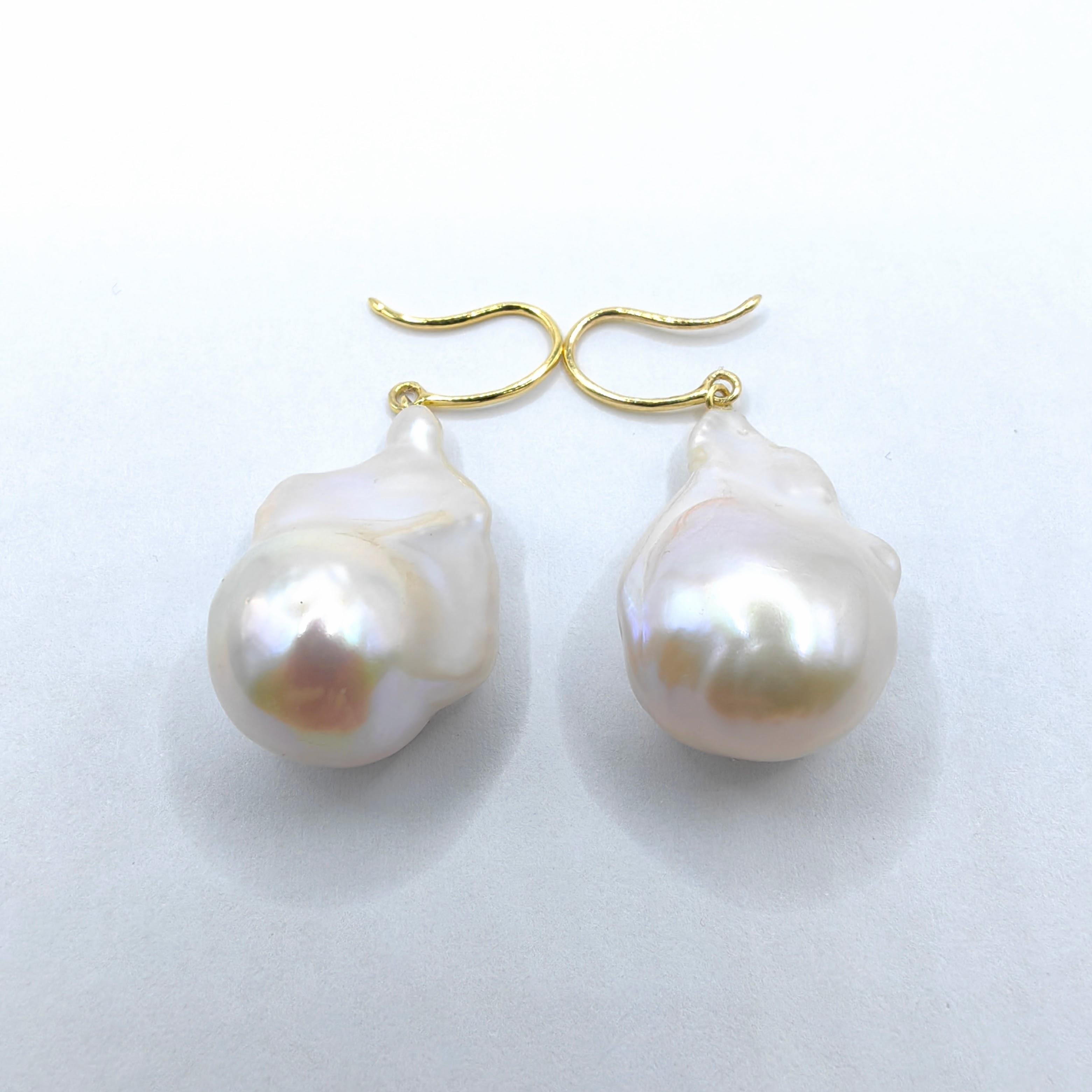 Iridescent White Baroque Pearl Drop Earrings With 18K Yellow Gold French Hooks For Sale 4