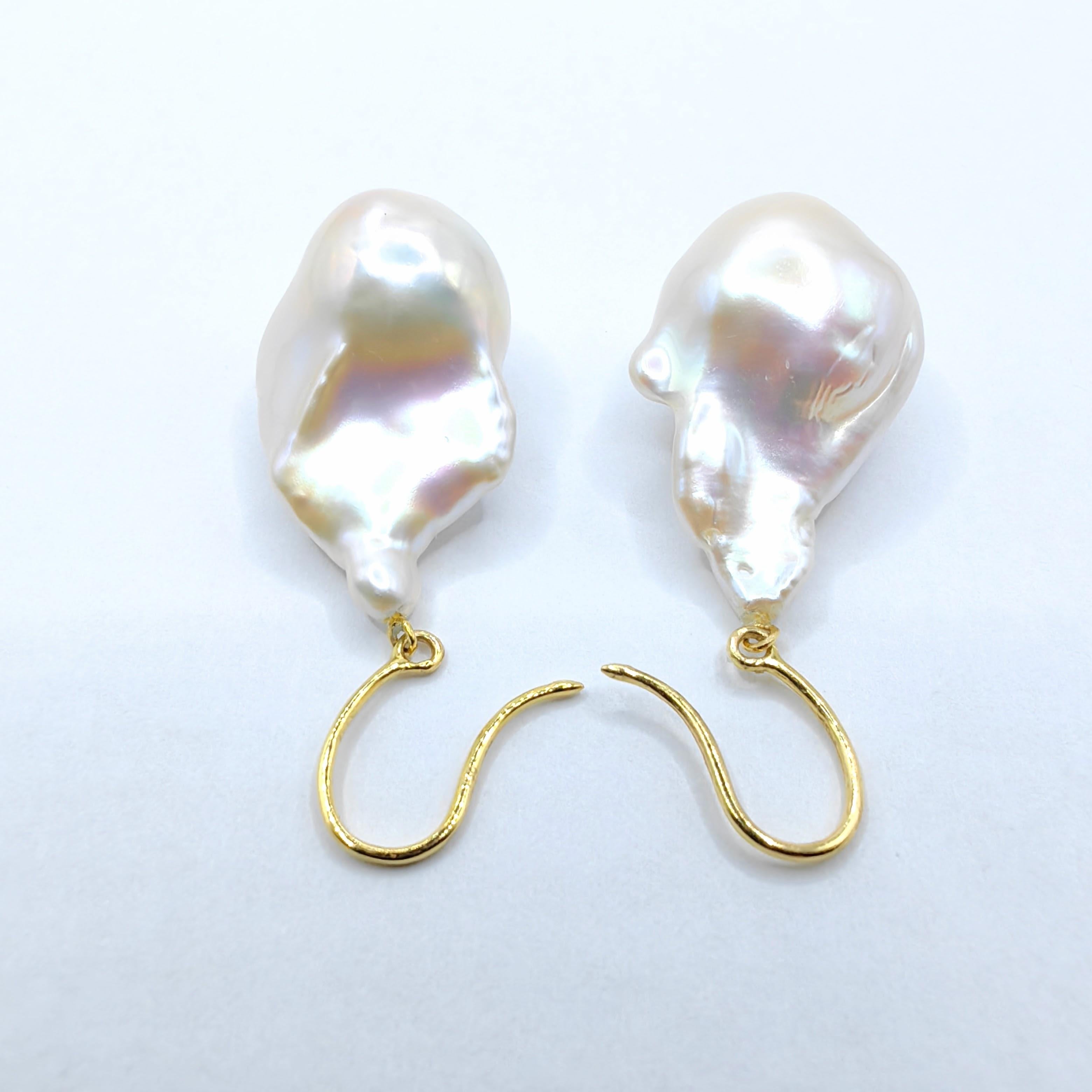 Iridescent White Baroque Pearl Drop Earrings With 18K Yellow Gold French Hooks For Sale 5