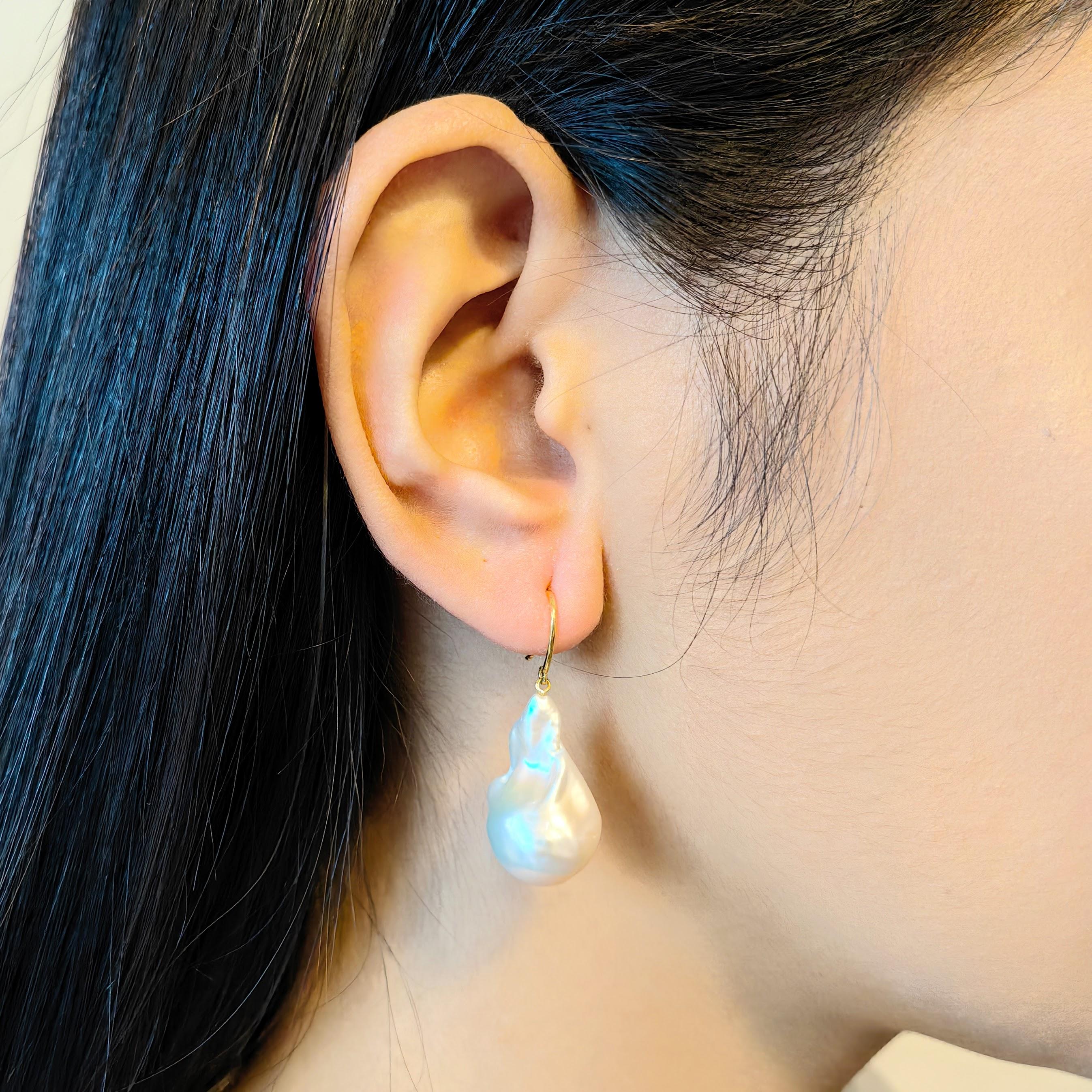 Iridescent White Baroque Pearl Drop Earrings With 18K Yellow Gold French Hooks For Sale 8
