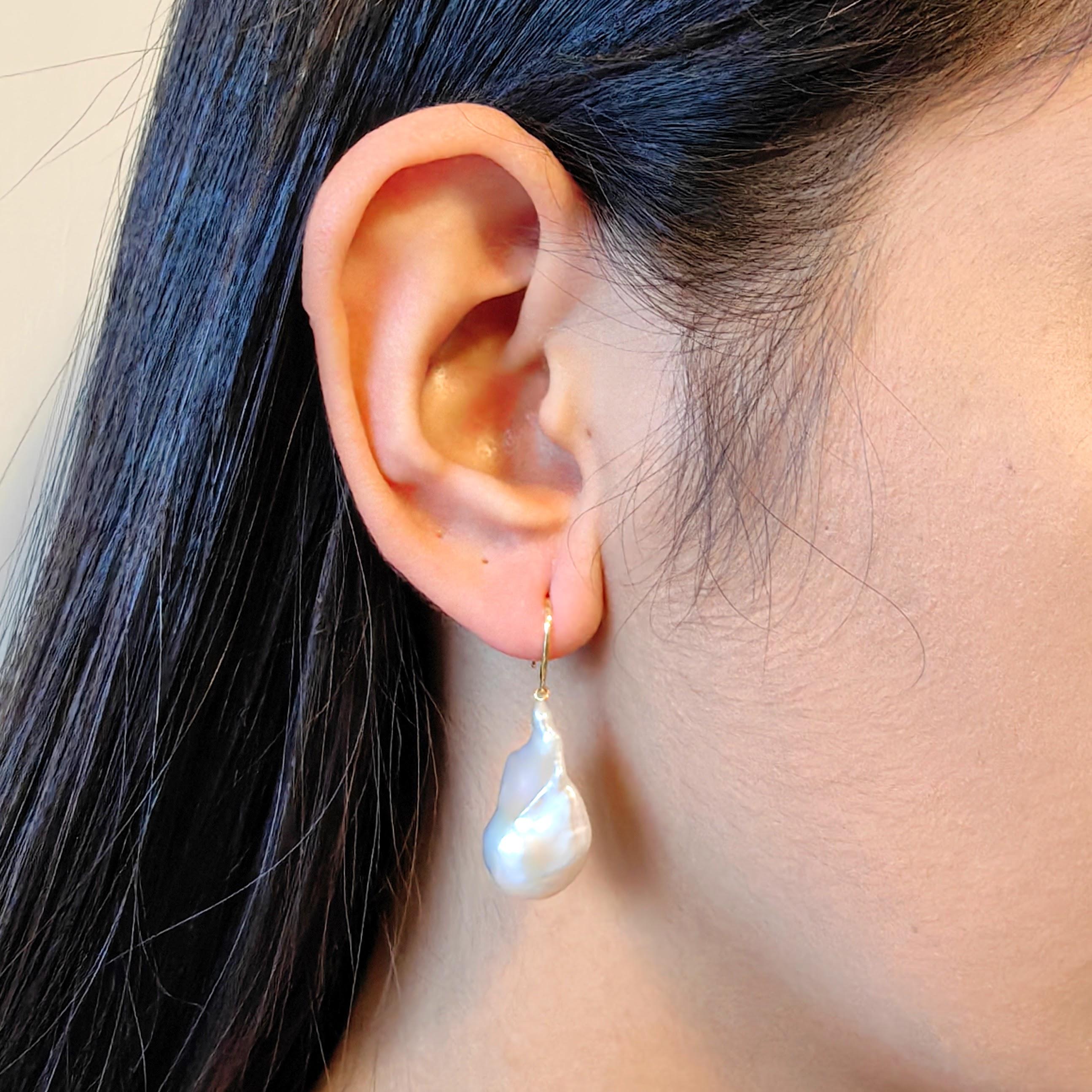 Iridescent White Baroque Pearl Drop Earrings With 18K Yellow Gold French Hooks For Sale 9