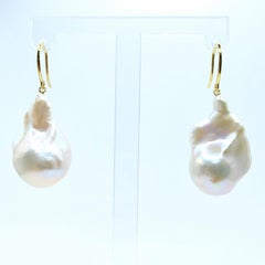 Iridescent White Baroque Pearl Drop Earrings With 18K Yellow Gold French Hooks
