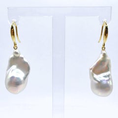 Iridescent White Baroque Pearl Drop Earrings With 18K Yellow Gold French Hooks