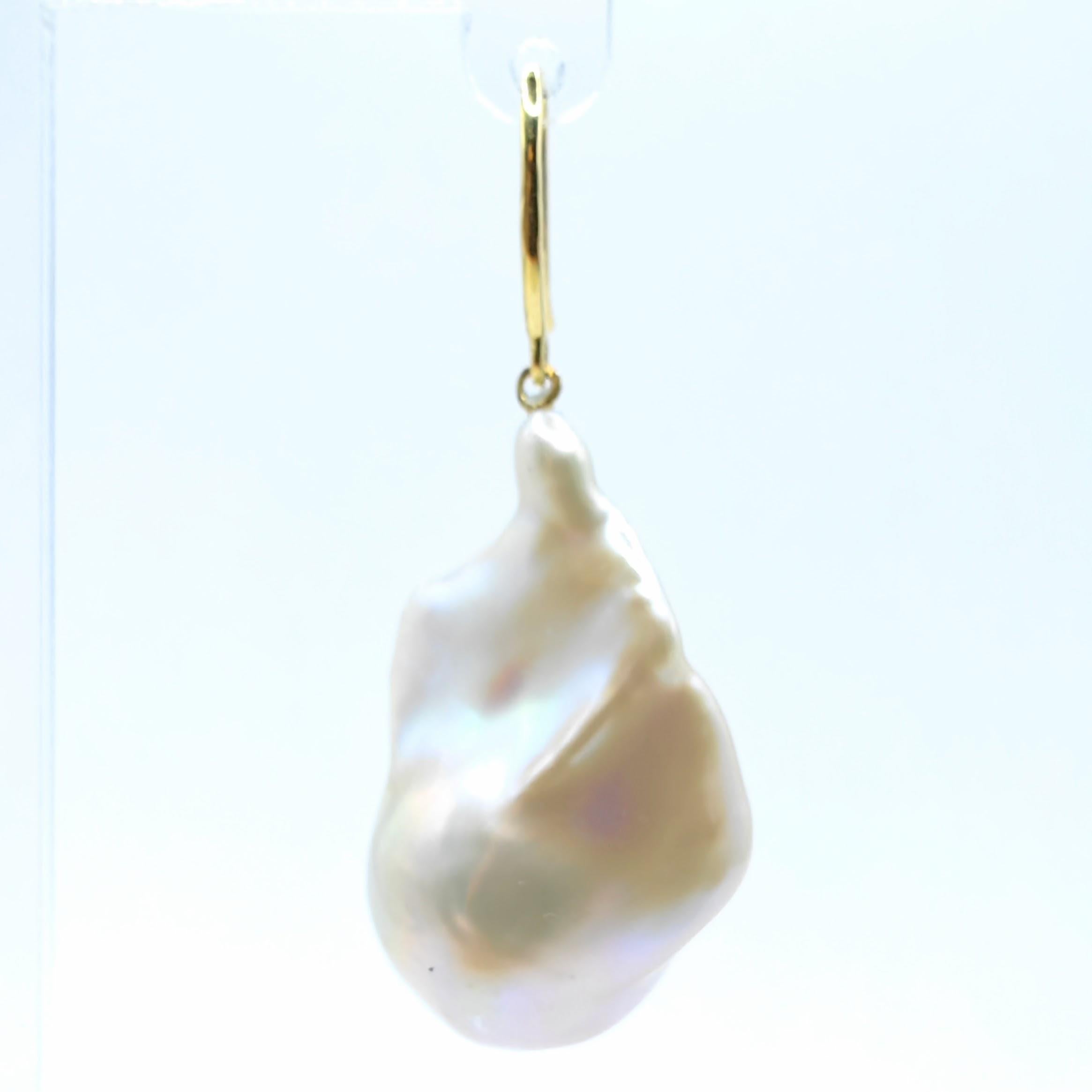 Iridescent White Baroque Pearl Drop Earrings With 18K Yellow Gold French Hooks For Sale 1