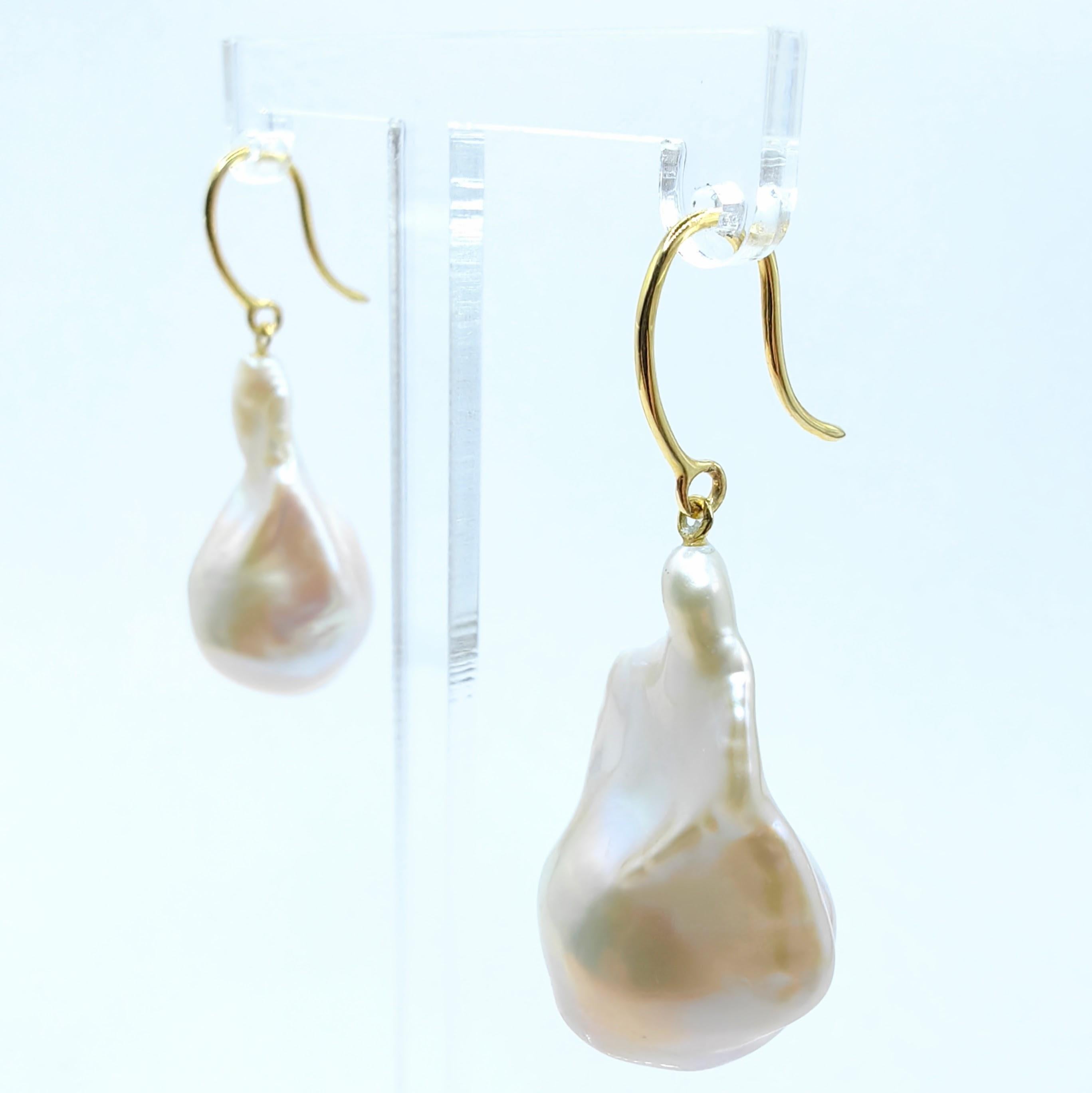 Uncut Iridescent White Baroque Pearl Drop Earrings With 18K Yellow Gold French Hooks For Sale