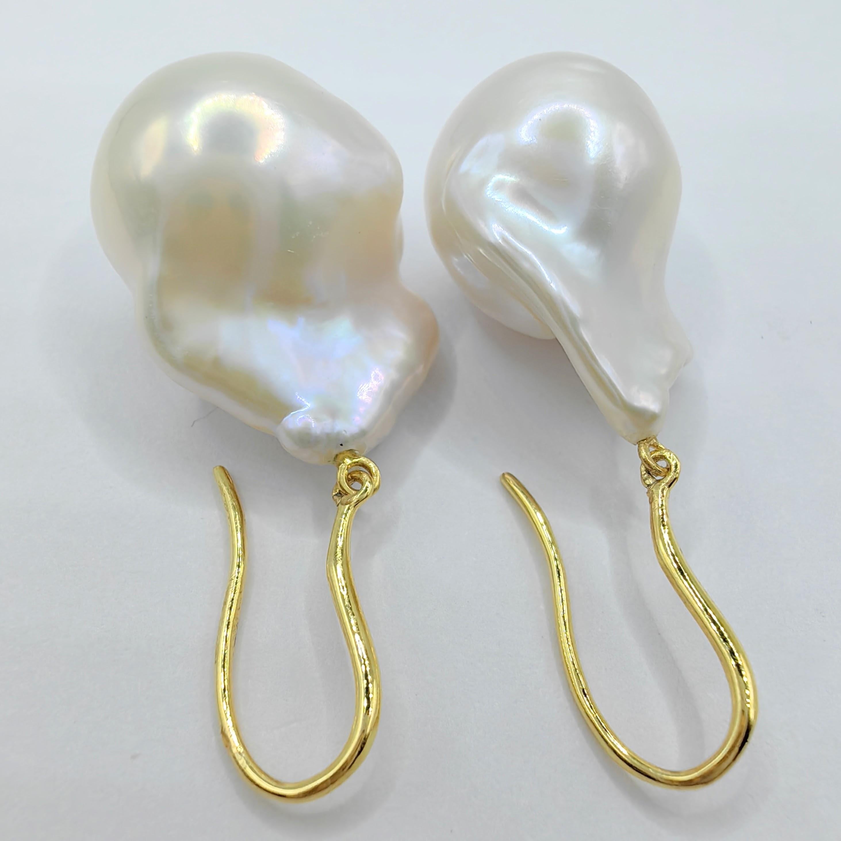 Iridescent White Baroque Pearl Drop Earrings With 18K Yellow Gold French Hooks For Sale 1