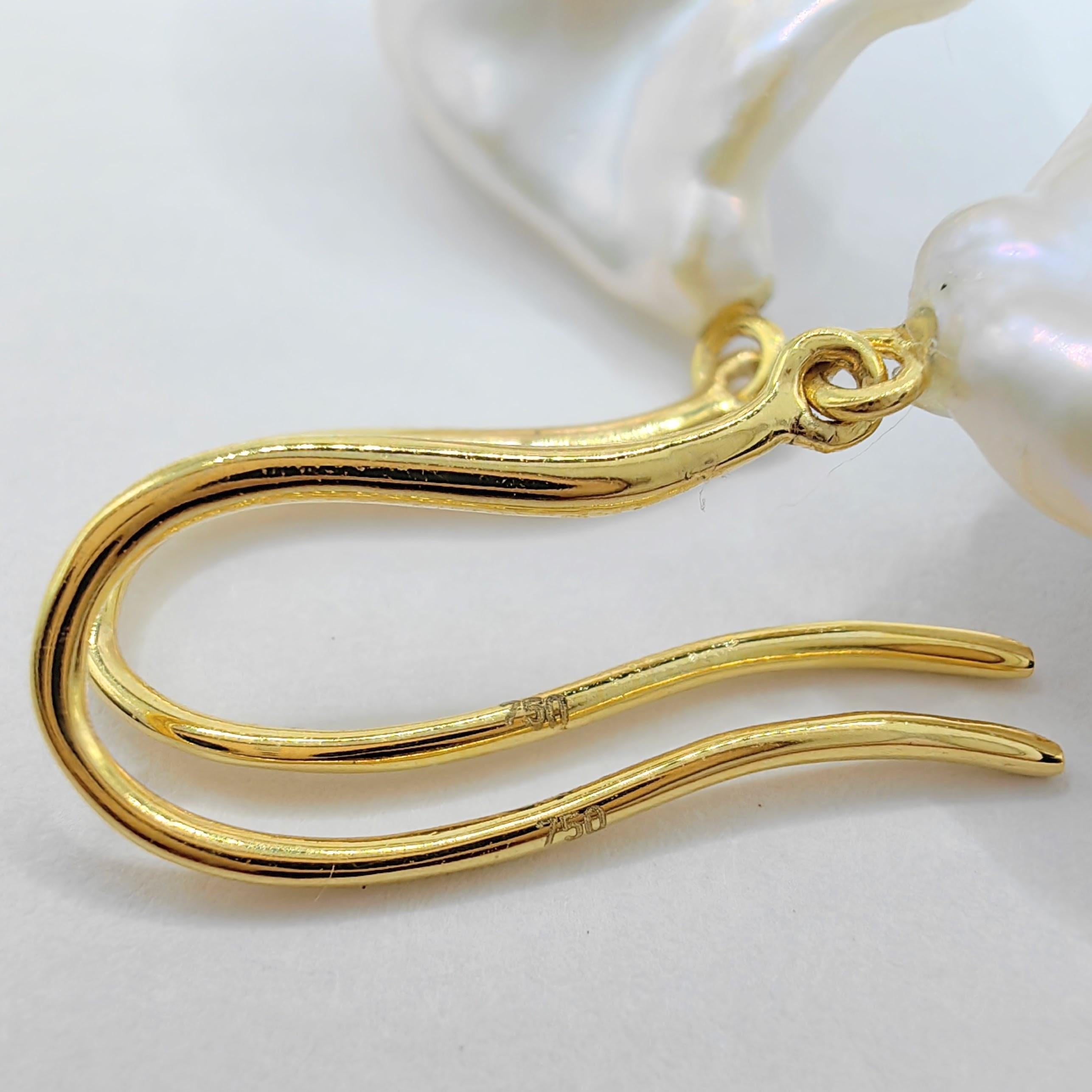 Iridescent White Baroque Pearl Drop Earrings With 18K Yellow Gold French Hooks For Sale 2