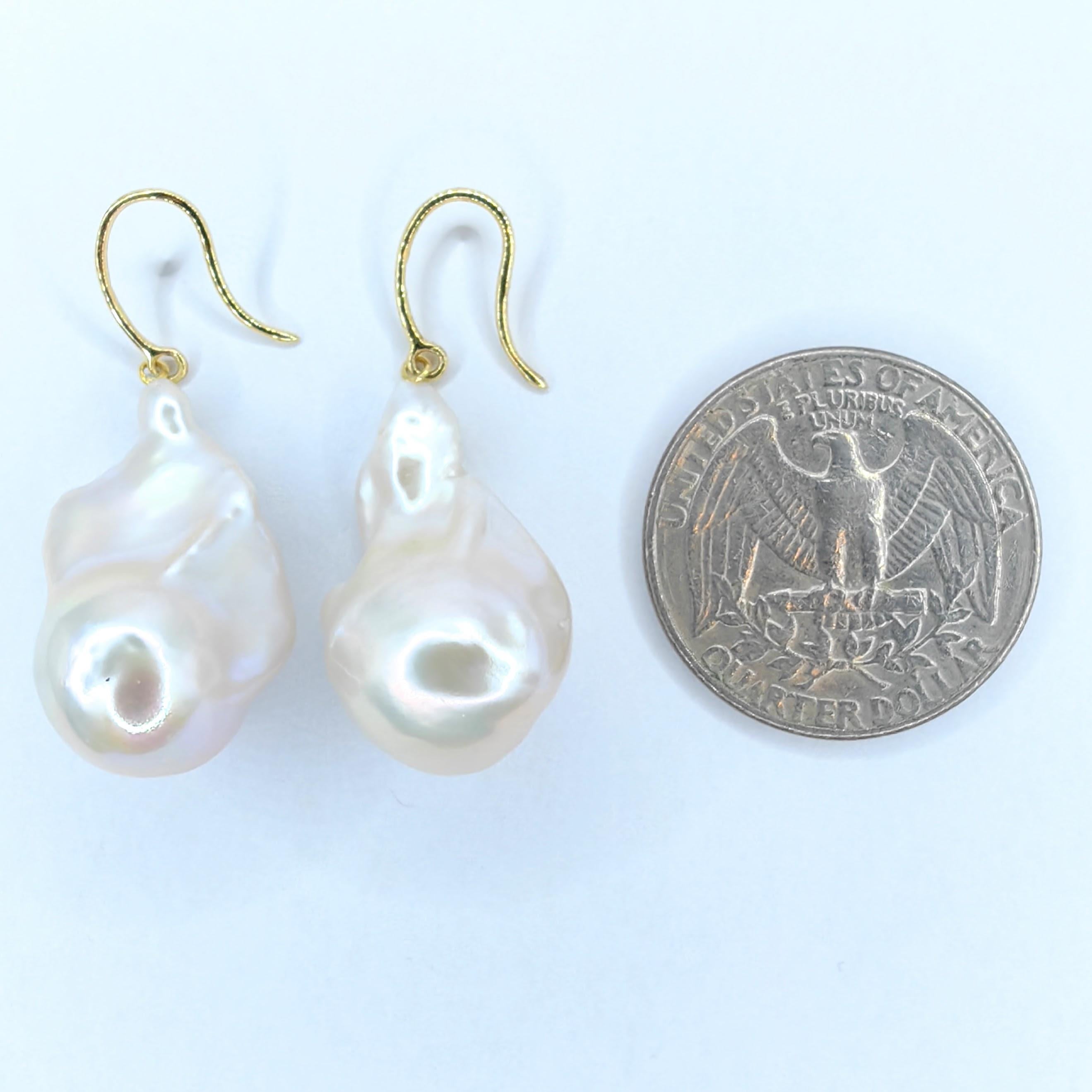 Iridescent White Baroque Pearl Drop Earrings With 18K Yellow Gold French Hooks For Sale 6