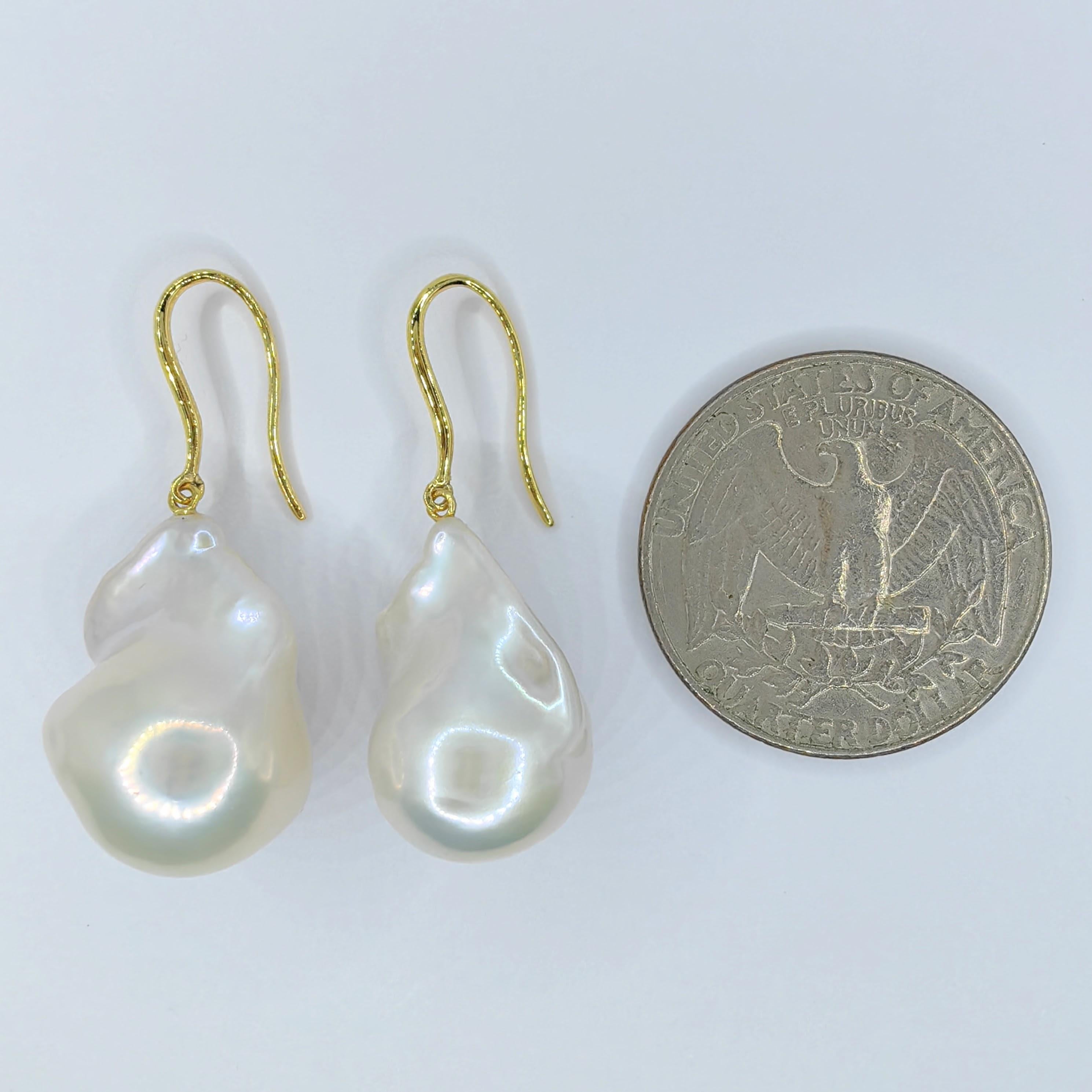 Iridescent White Baroque Pearl Drop Earrings With 18K Yellow Gold French Hooks For Sale 3