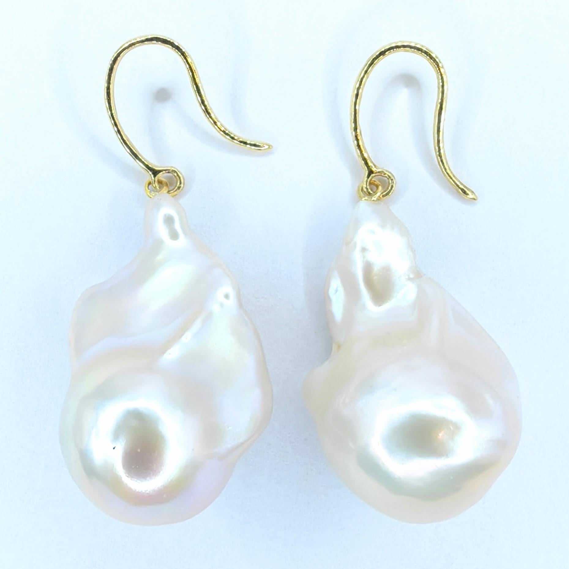Iridescent White Baroque Pearl Drop Earrings With 18K Yellow Gold French Hooks For Sale 2