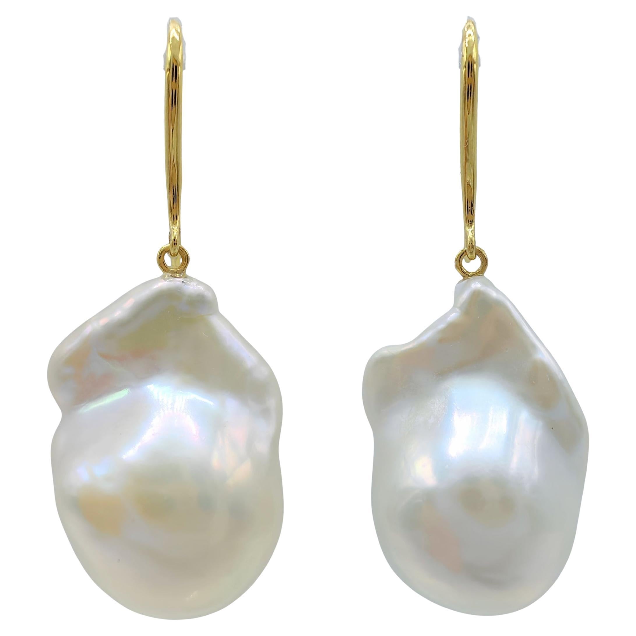 Iridescent White Baroque Pearl Drop Earrings With 18K Yellow Gold French Hooks