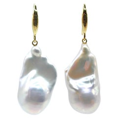 Iridescent White Baroque Pearl Drop Earrings With 18K Yellow Gold French Hooks