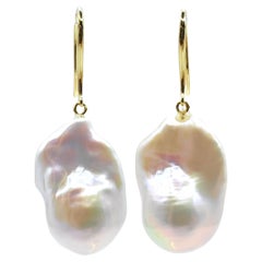 Iridescent White Baroque Pearl Drop Earrings With 18K Yellow Gold French Hooks