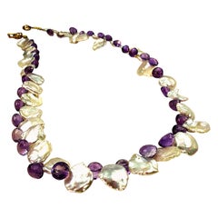 Gemjunky Iridescent White Keshi Pearl and Amethyst Briolette Necklace 