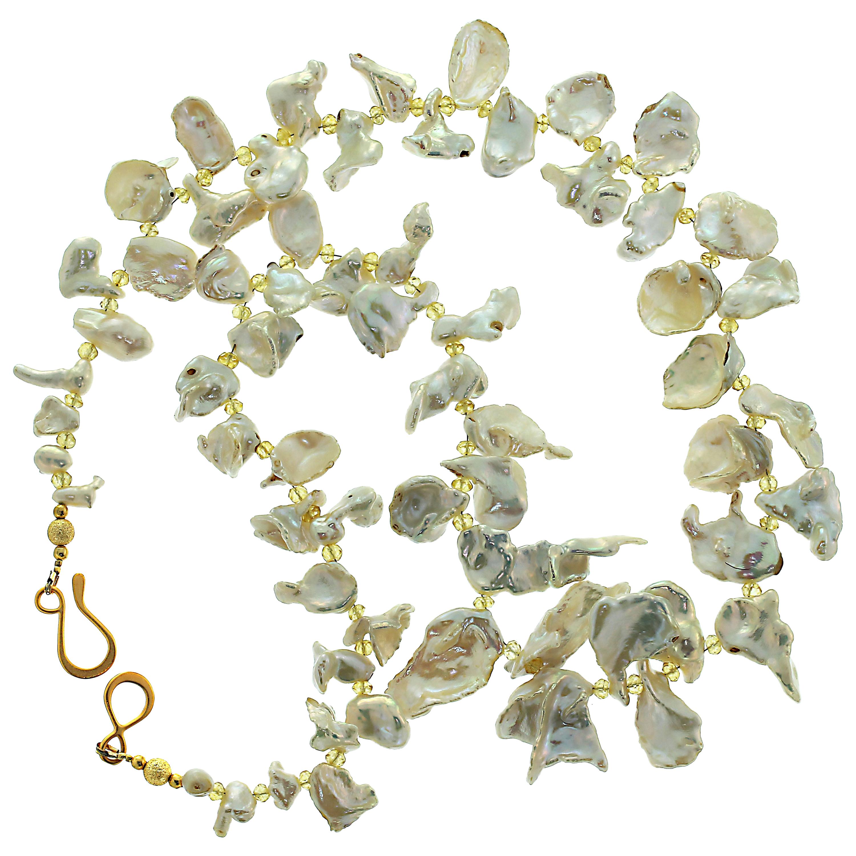 Artisan AJD  Iridescent White Keshi Pearl Necklace Citrine Accents June Birthstone For Sale