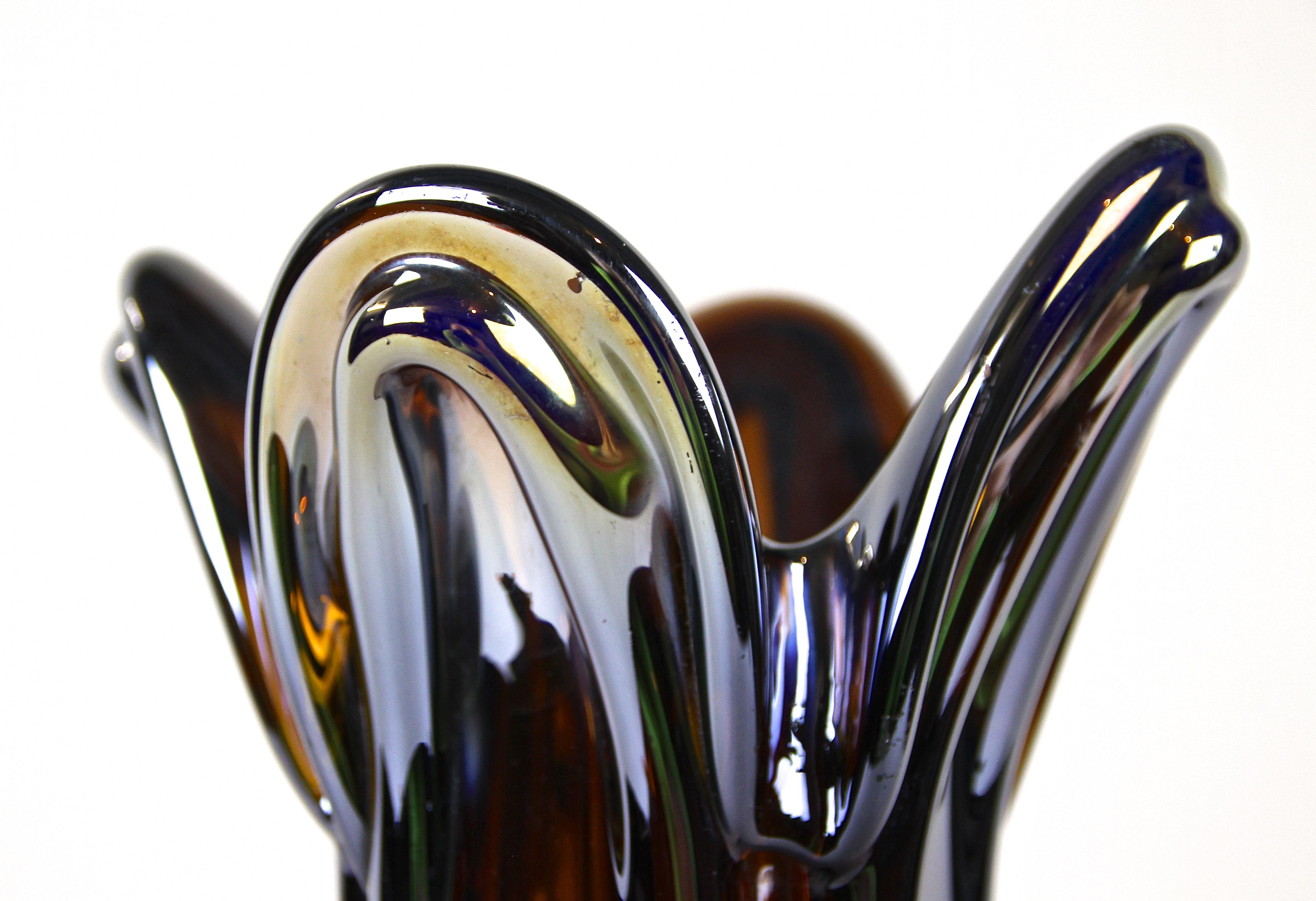 20th Century Iridiscent Murano Glass Vase Amber Colored with Chrome Effect, Italy circa 1970 For Sale