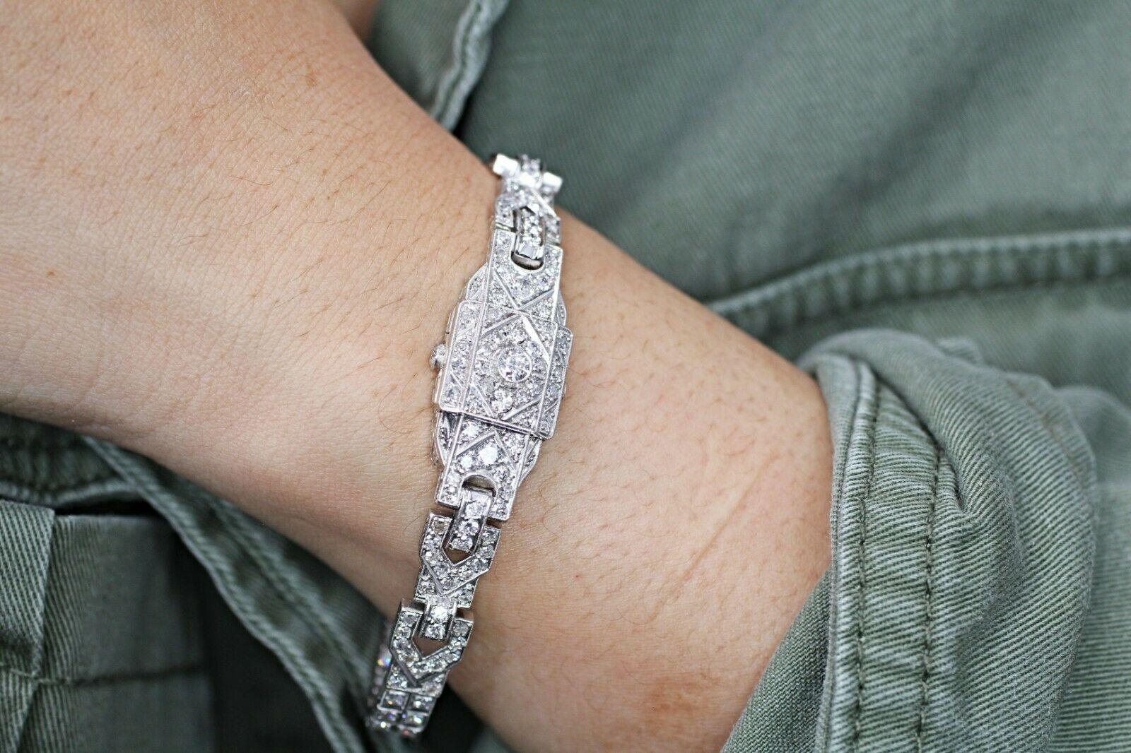 Women's or Men's Iridium/Platinum Art Deco Style Diamond Watch Bracelet