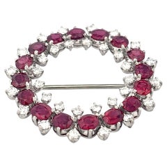 Iridium Platinum GIA Ruby and Diamond Brooch In Circle