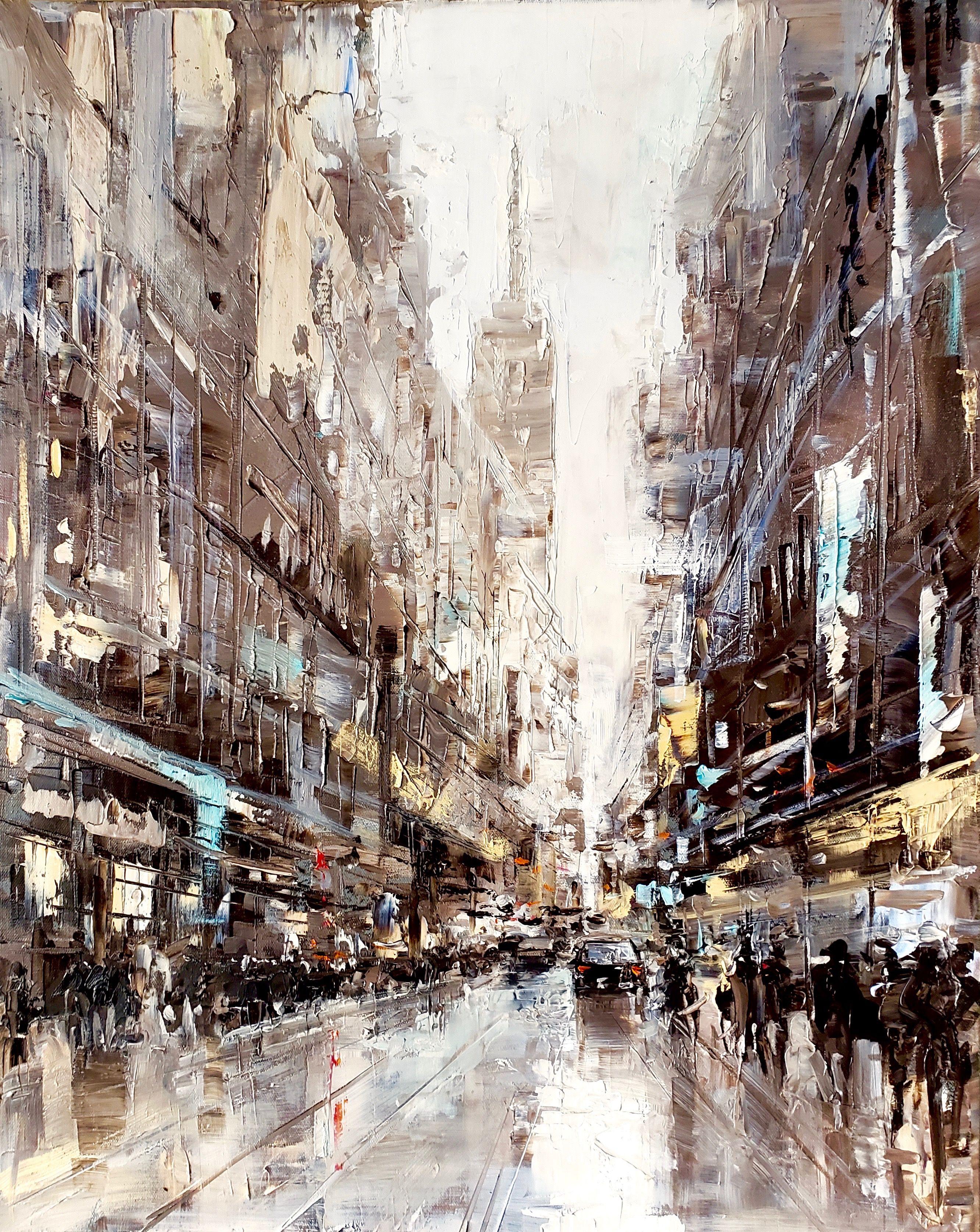 CITY LIGHTS.  NEW YORK. :: Painting :: Impressionist :: This piece comes with an official certificate of authenticity signed by the artist :: Ready to Hang: Yes :: Signed: Yes :: Signature Location: front :: Canvas :: Portrait :: Original :: Framed: