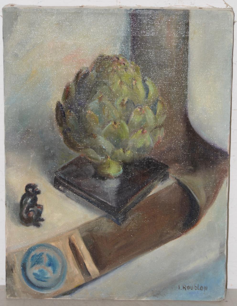 Still-Life Painting Irina Belotelkin Roublon - Irina Roudakoff Belotelkin « Still Life w/ Artichoke » (Véritable vie avec artichauts) des années 1960