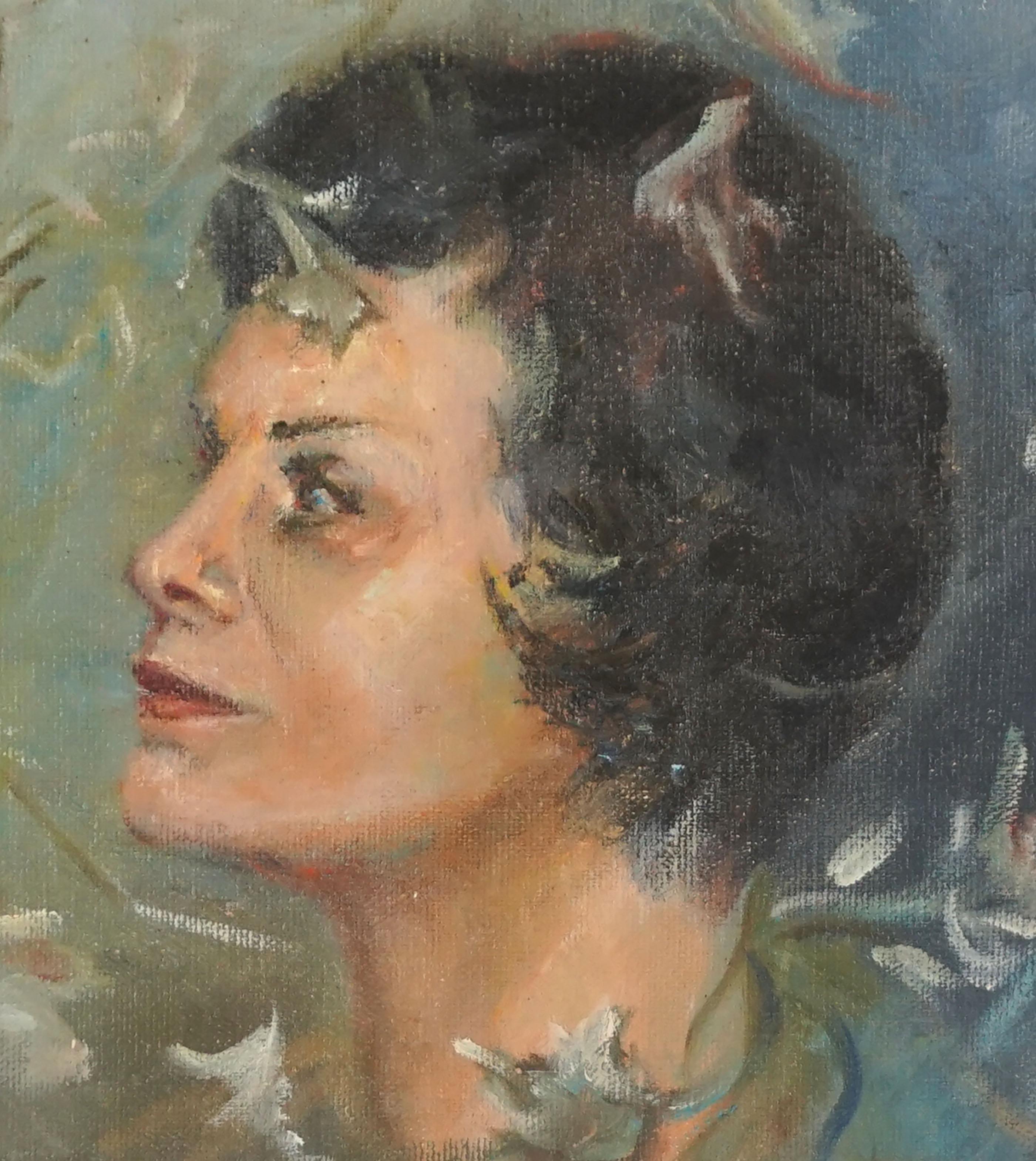 Mid Century Portrait Charlotte with Flowers  - Painting by Irina Belotelkin Roublon