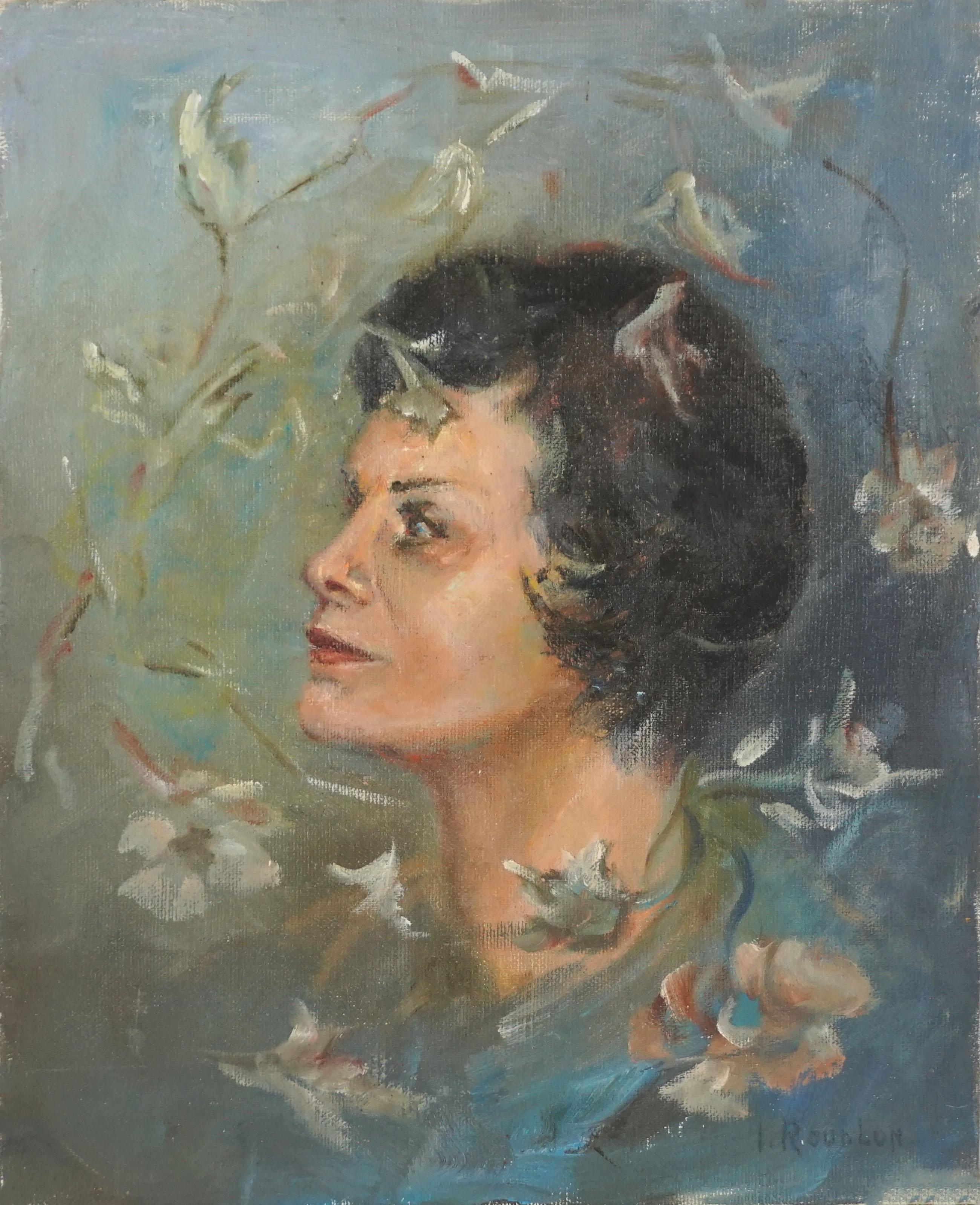 Irina Belotelkin Roublon Figurative Painting – Porträt Charlotte mit Blumen aus der Mitte des Jahrhunderts 