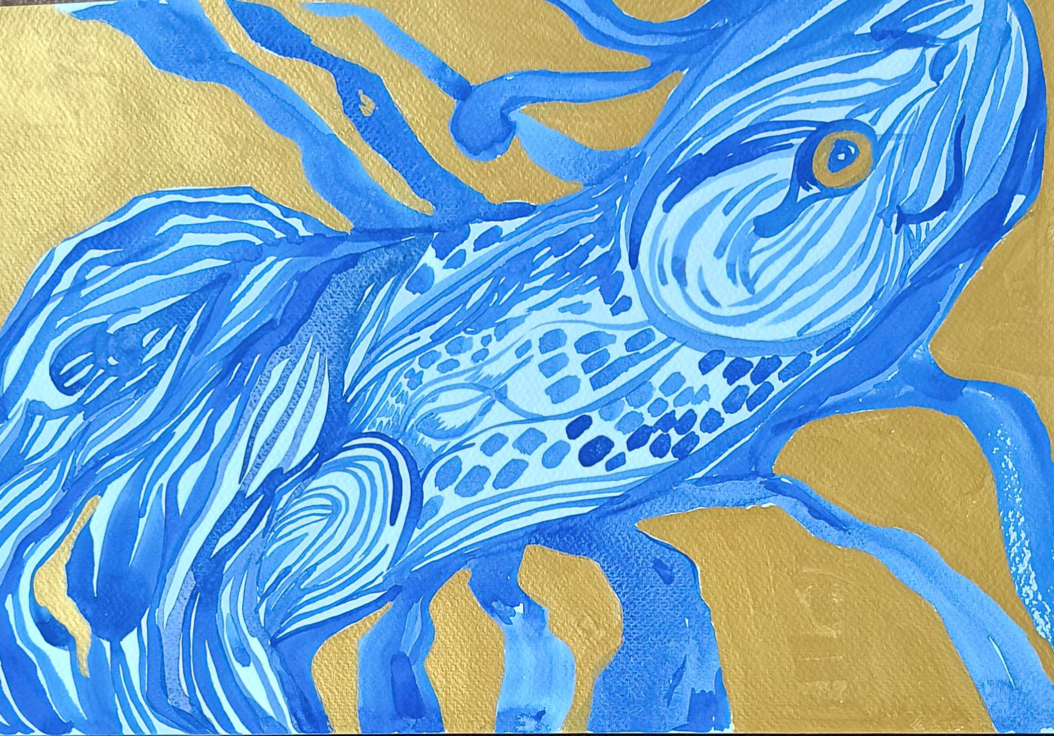 Irina Burda  Animal Art – Waves Red Fish Painting, Watercolor on Paper, 29.7x42 cm, New