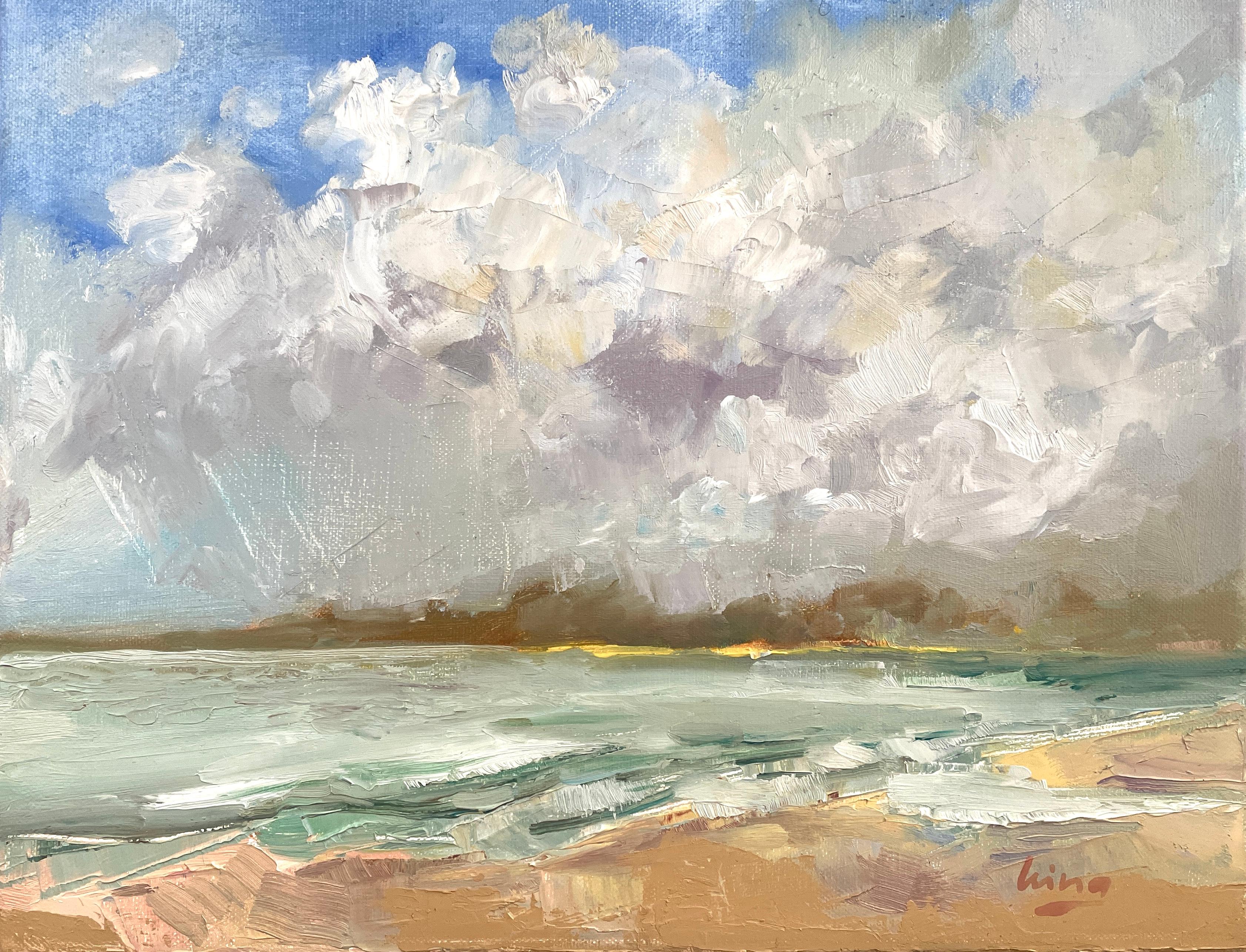 Irina Forrester Landscape Painting – "Ein Sturm, der nicht kam", Seestück, neutral, horizontal, klein, impressionistisch