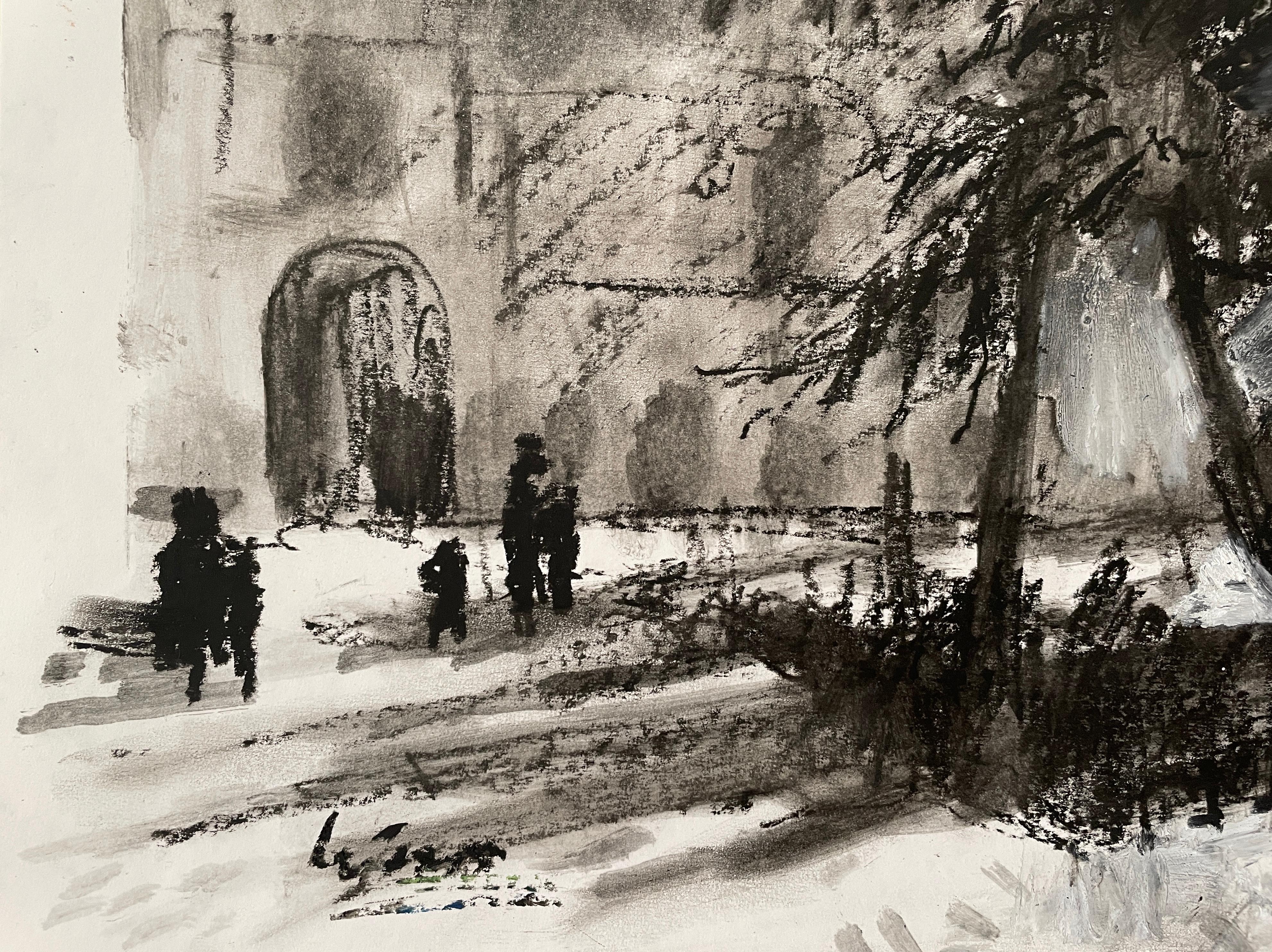 This expressive oil pastel sketch on paper captures the atmospheric essence of Alcalá de Henares, Spain—the birthplace of Miguel de Cervantes, the legendary author of Don Quixote. Rendered in a striking monochromatic palette, the composition evokes
