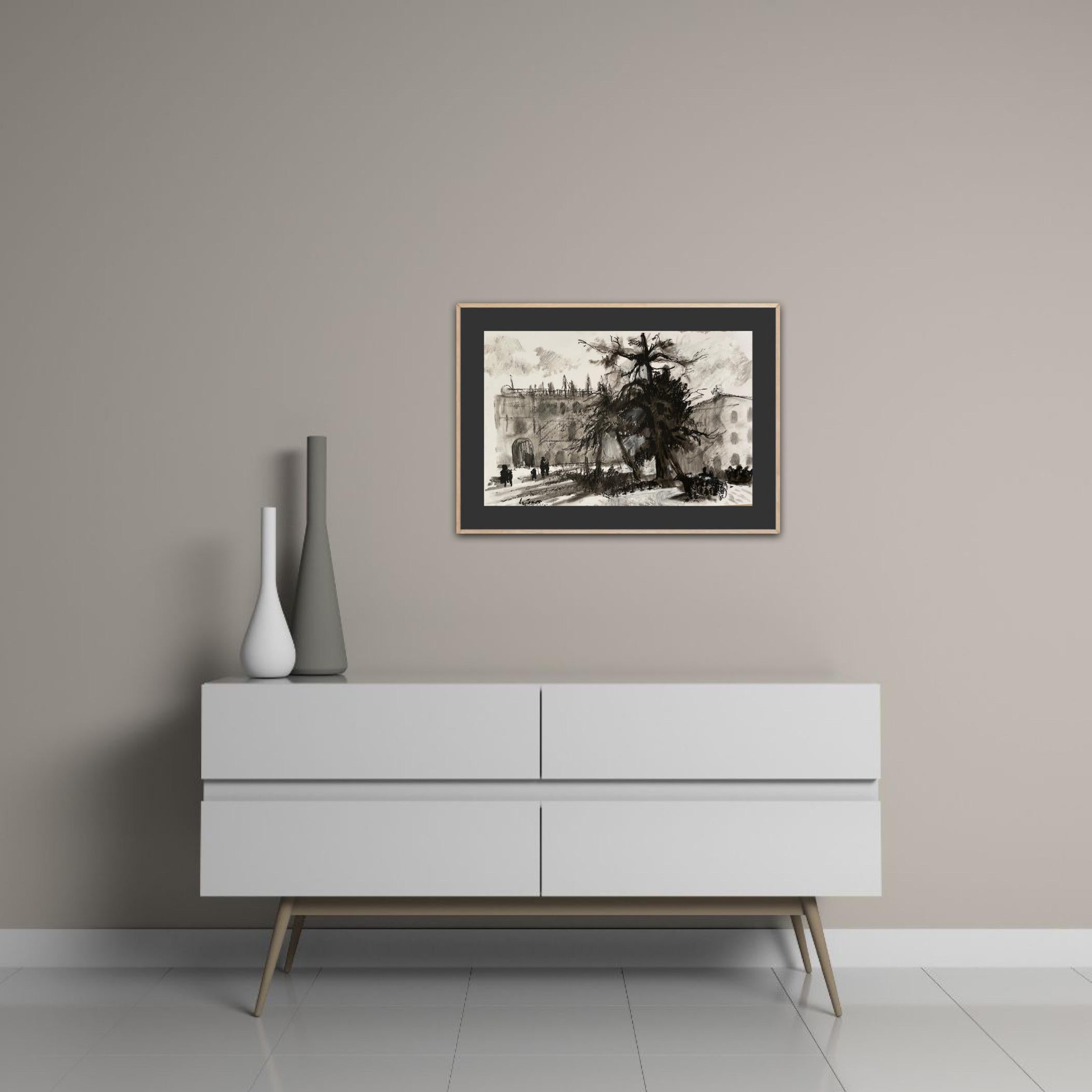„Alcala, Spanien“, Ölpastell, horizontal, schwarz und weiß, Landschaft, Stadtlandschaft im Angebot 2