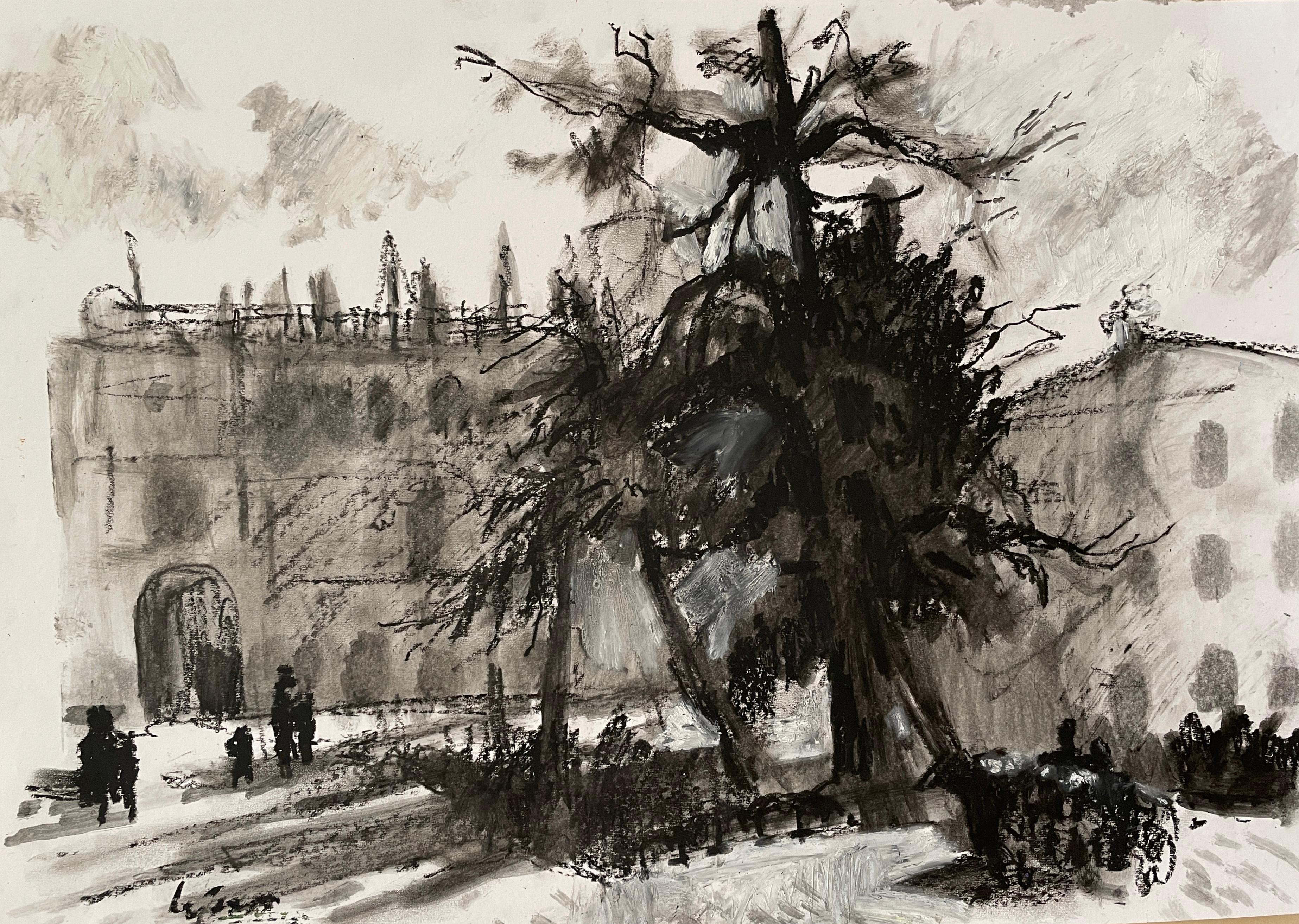 Irina Forrester Landscape Painting - "Alcala, Spain", oil pastel, horizontal, black and white, landscape, cityscape