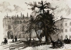 "Alcalá, España", pastel al óleo, horizontal, blanco y negro, paisaje, paisaje urbano