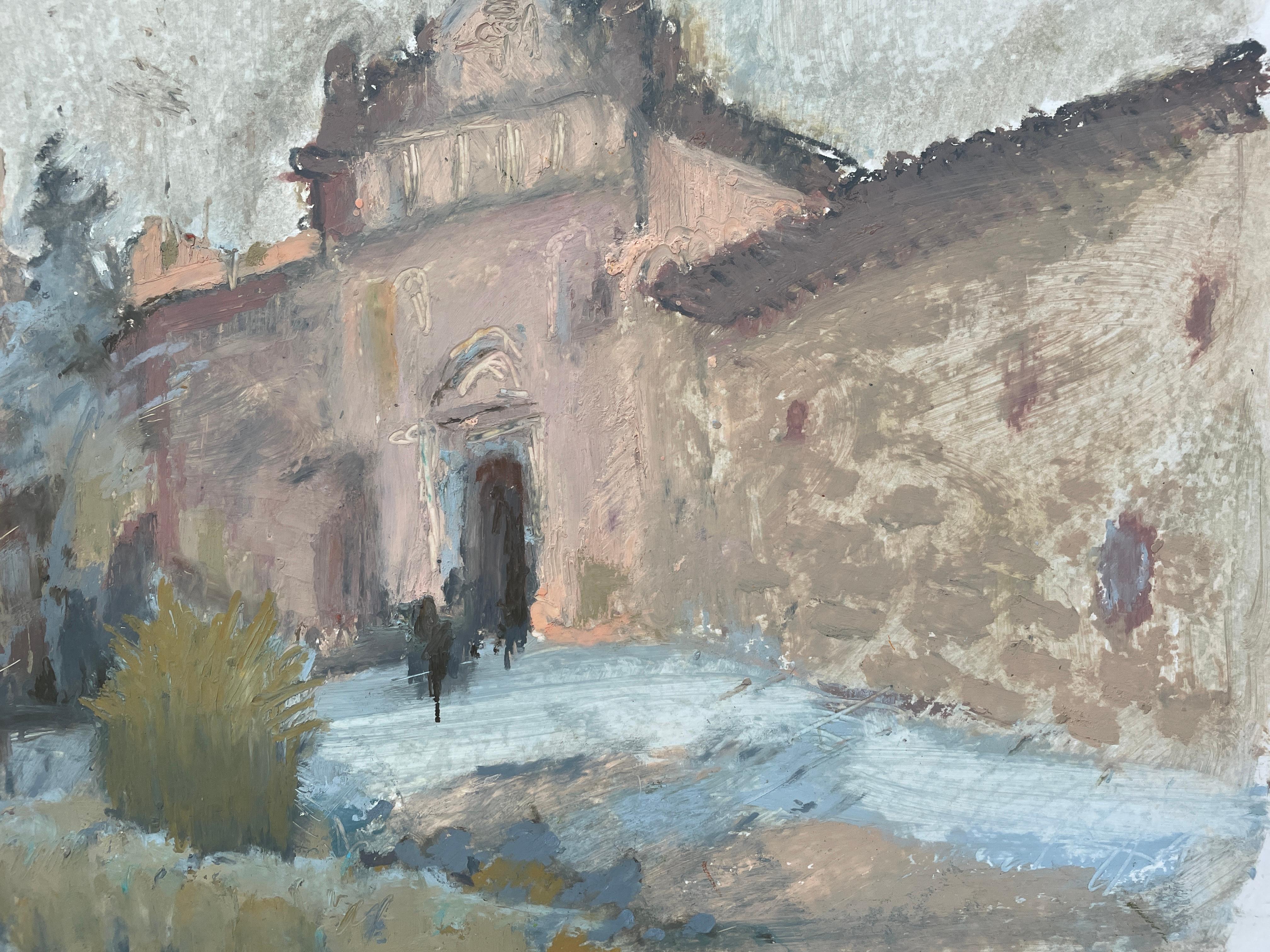 „Alcazar von Toledo“, Spanien, gedämpfte Farben, horizontal, Ölpastellkreide, Landschaft (Impressionismus), Painting, von Irina Forrester