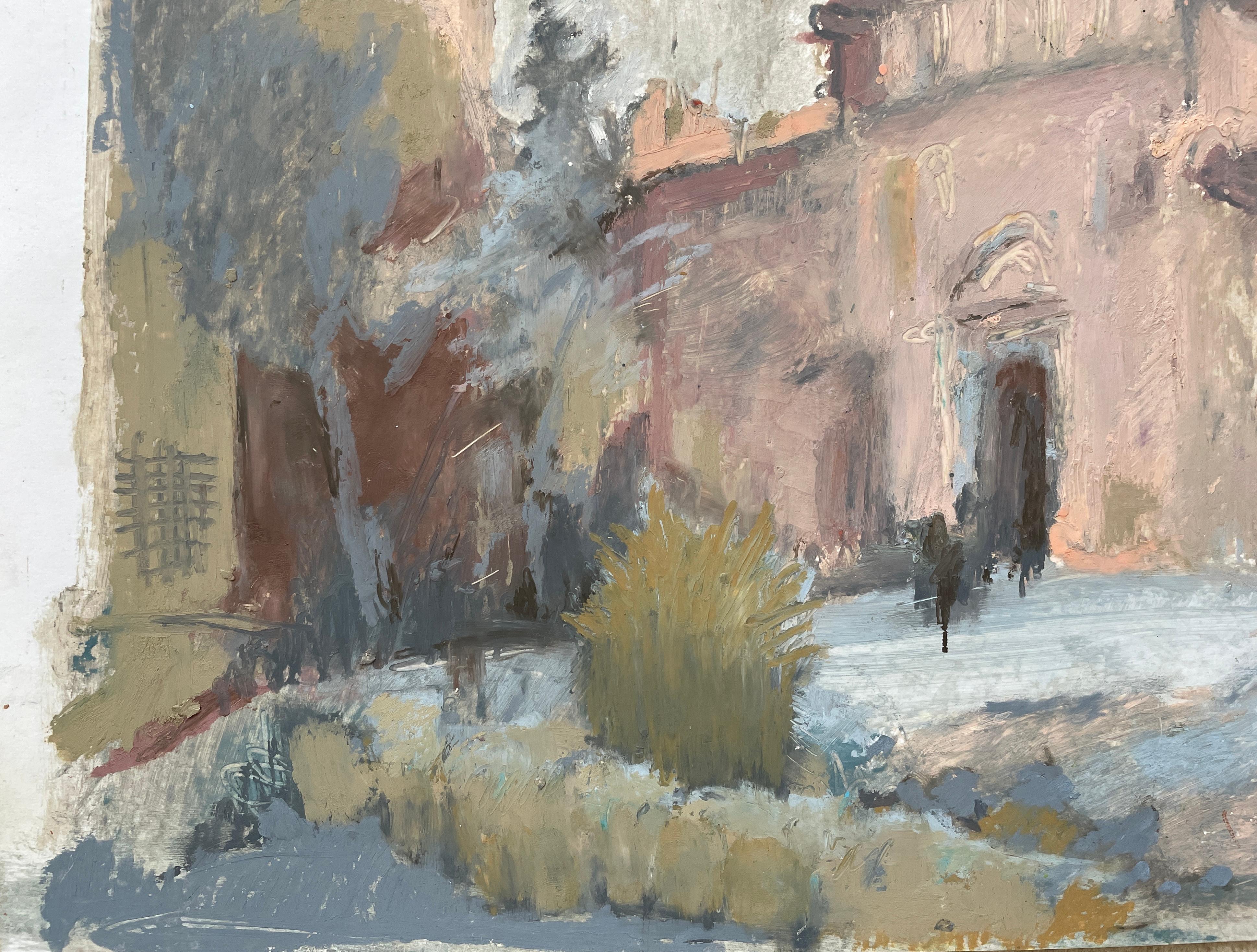 „Alcazar von Toledo“, Spanien, gedämpfte Farben, horizontal, Ölpastellkreide, Landschaft (Grau), Abstract Painting, von Irina Forrester