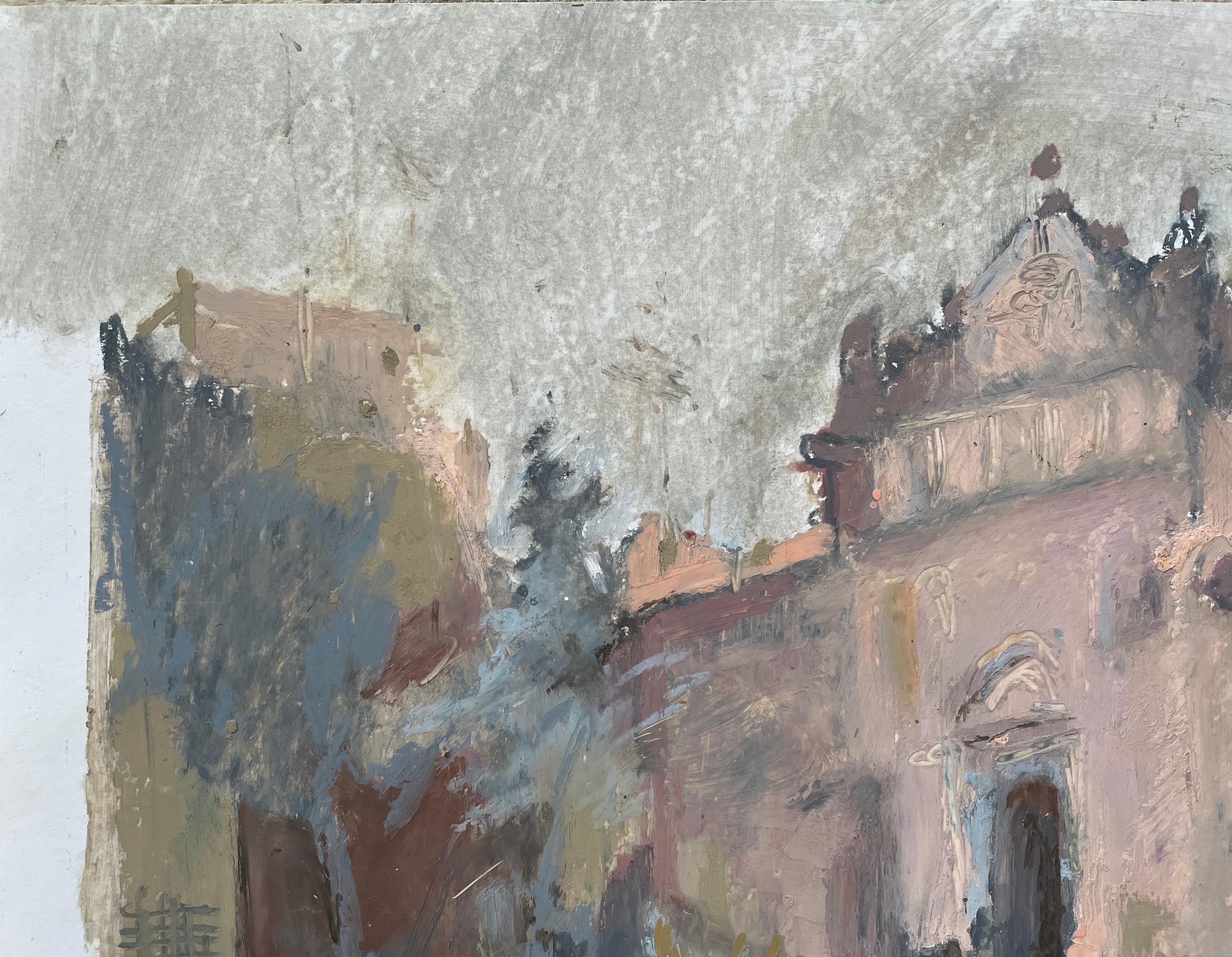 Questo schizzo a pastello a olio plein air cattura magnificamente l'imponente presenza dell'Alcázar di Toledo, in Spagna, in una giornata nuvolosa. I tratti espressivi e la tavolozza morbida dell'artista trasmettono la grandezza di questo monumento