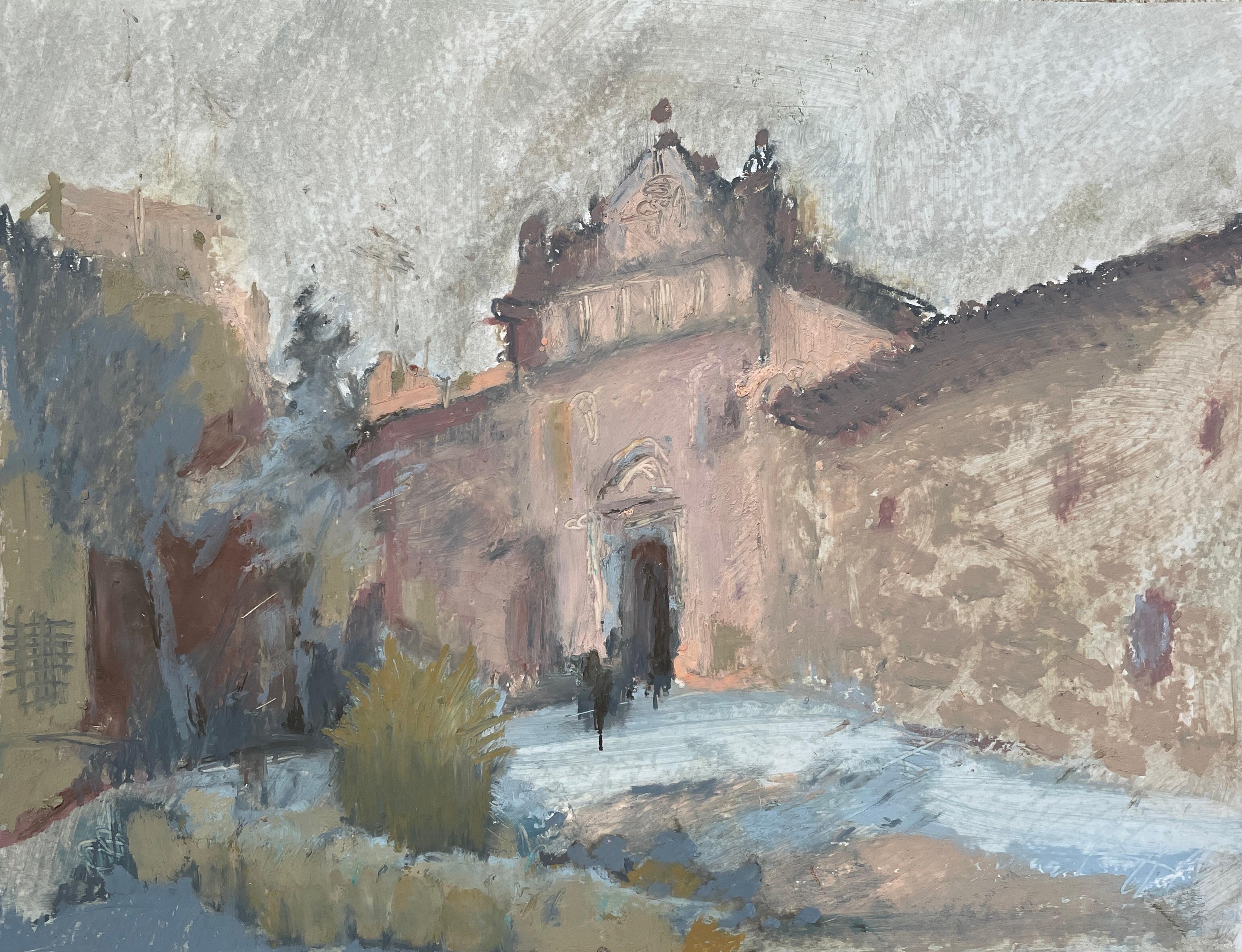 Abstract Painting di Irina Forrester - "Alcazar di Toledo", Spagna, colori tenui, orizzontale, pastelli a olio, paesaggio