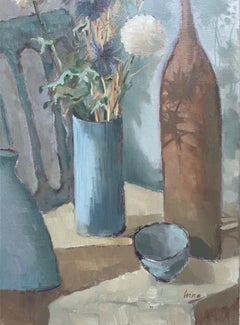 "Blue harmony", vertical, blue, still life, blue flowers, modern still life