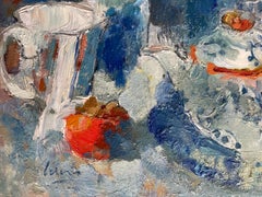 Bodegón azul, pequeño, horizontal, empaste, óleo, bodegón azul, fruta