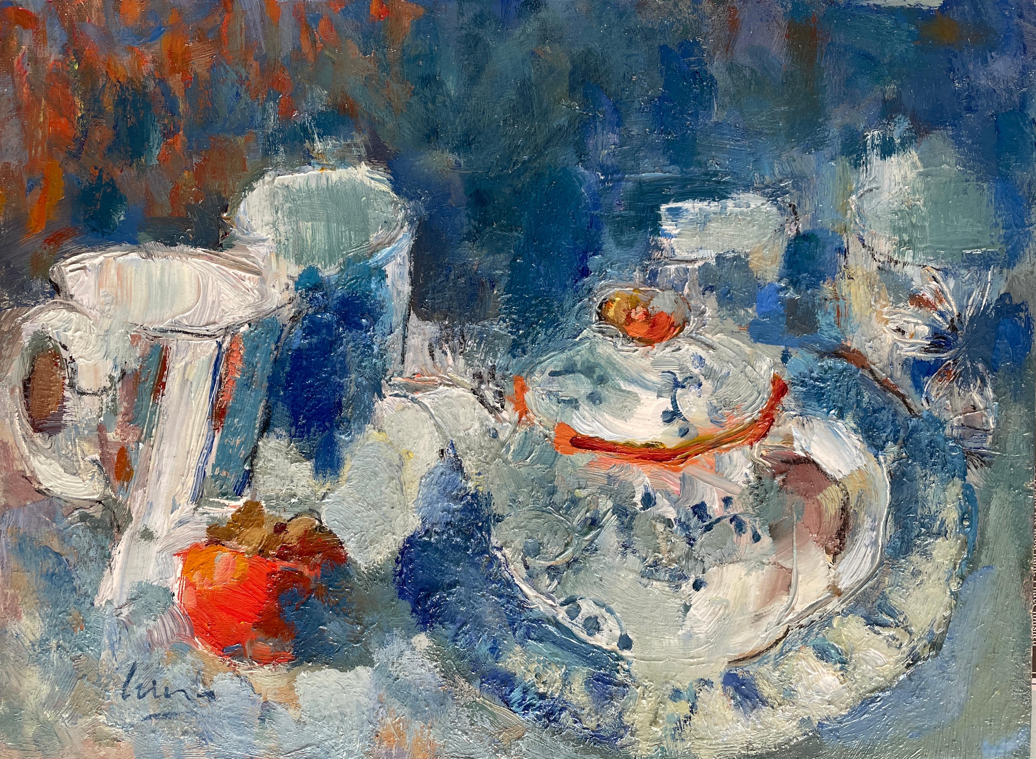 Blaues Stillleben, klein, horizontal, Impasto, Öl, blaues Stillleben, Obst