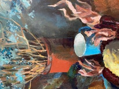 "Blue still life with pumpkins", square, large, blue, yellow, dark, moody