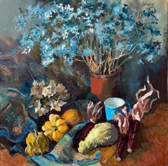 "Blue still life with pumpkins", square, large, blue, yellow, dark, moody