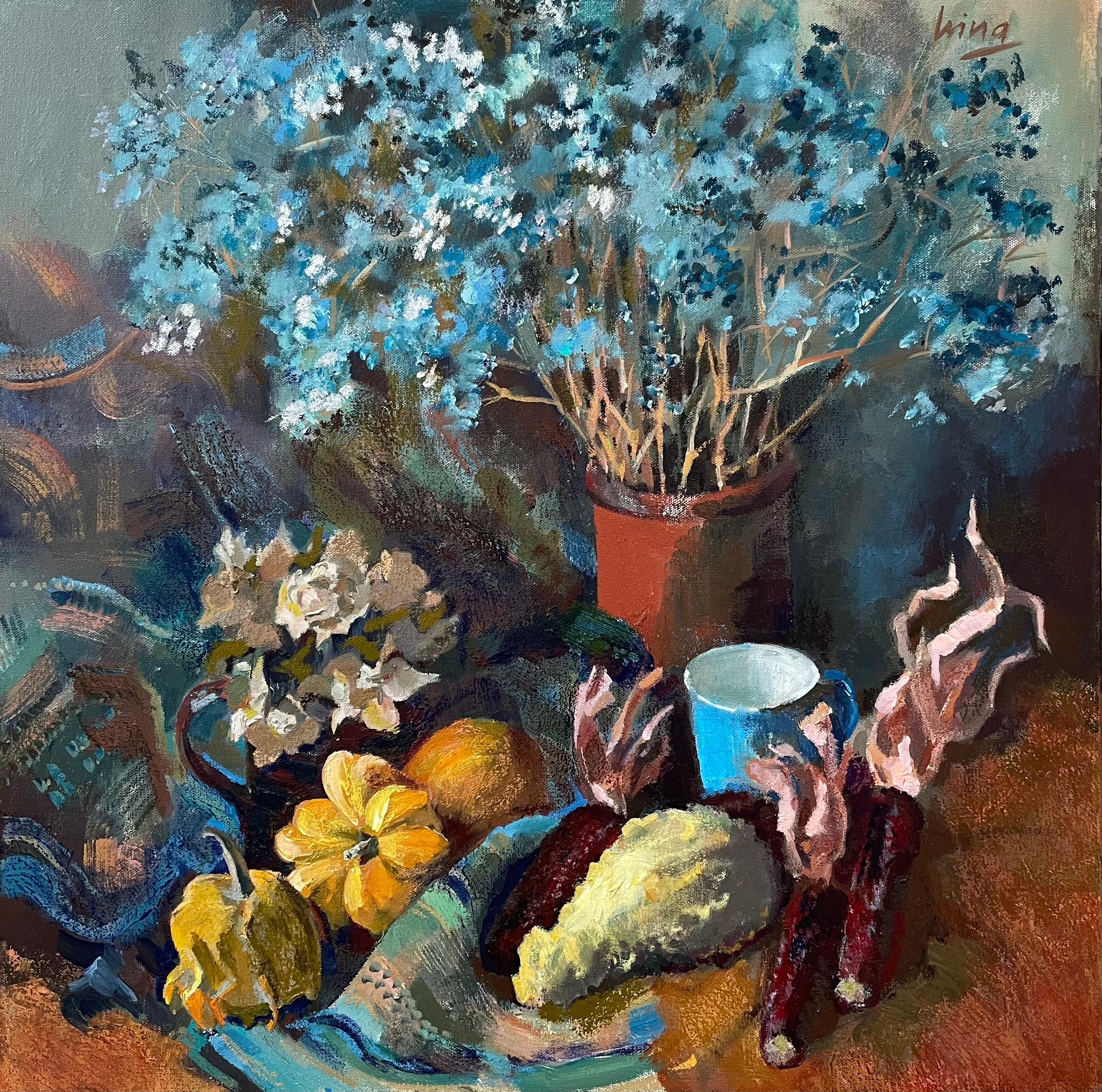 "Blaues Stillleben mit Kürbissen", quadratisch, groß, blau, gelb, dunkel, stimmungsvoll