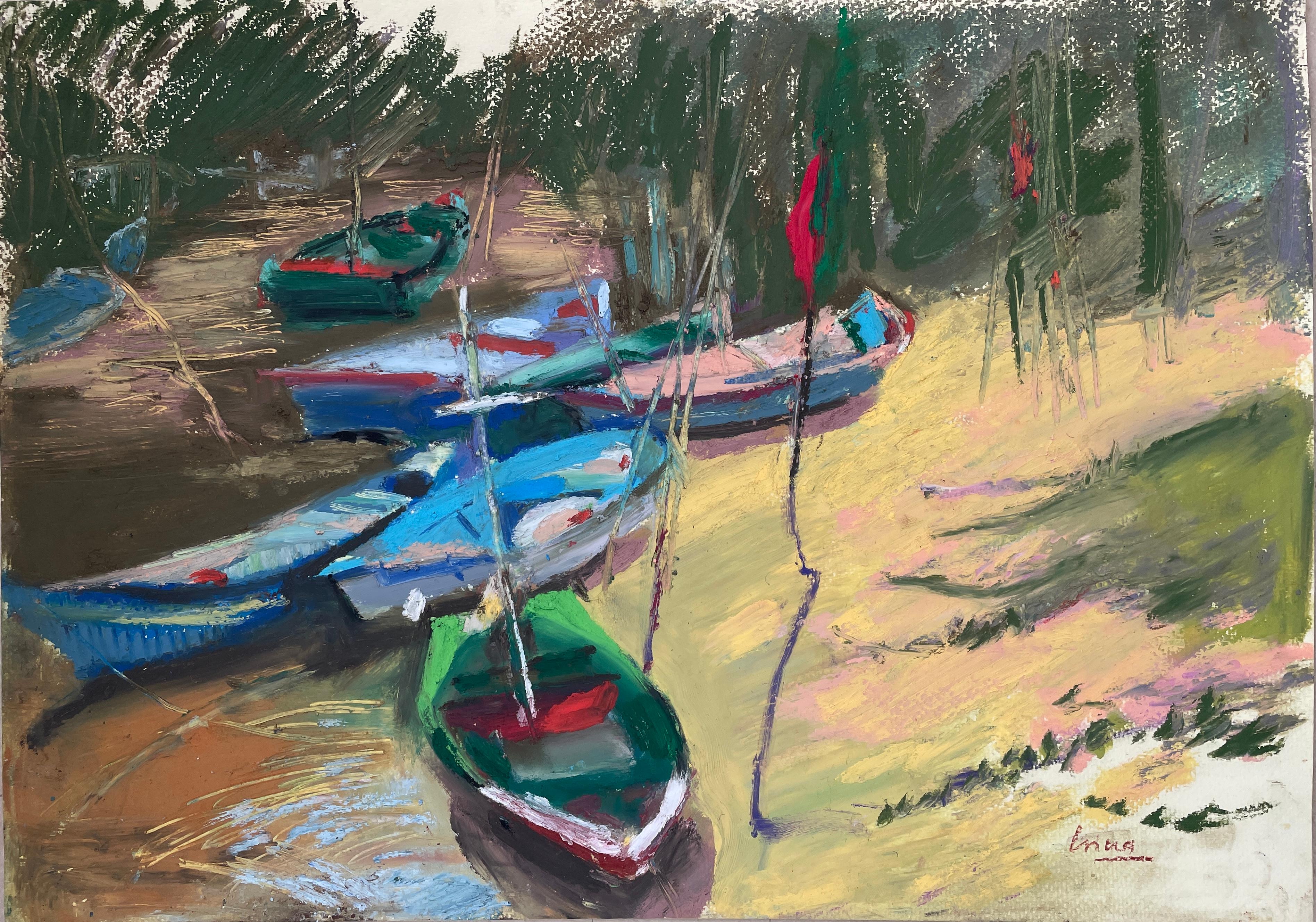 "Estudio de barcos III", Koh Samui, Tailandia, pasteles al óleo, barcos, horizontal, paisaje