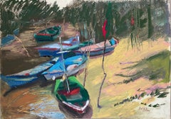 "Boat study III, Koh Samui, Thailand, oil pastels, boats, horizontal, landscape