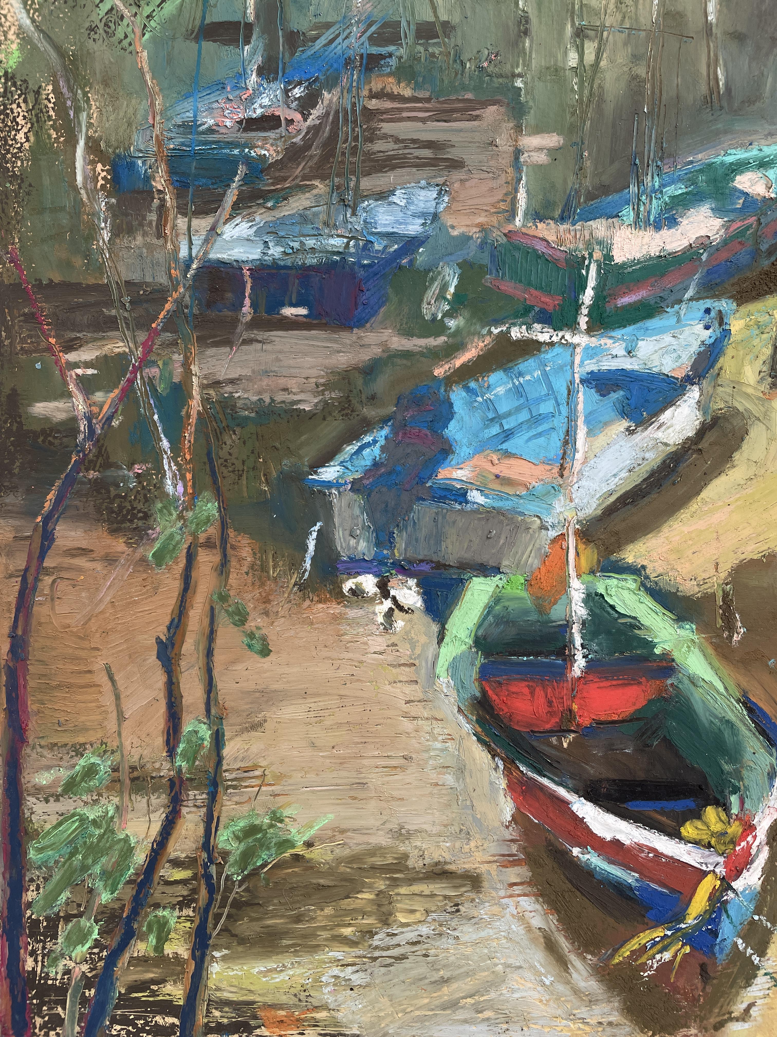 Studio di barche, Koh Samui, Thailandia, pastelli a olio, barche, verticale, impressionismo - Painting di Irina Forrester