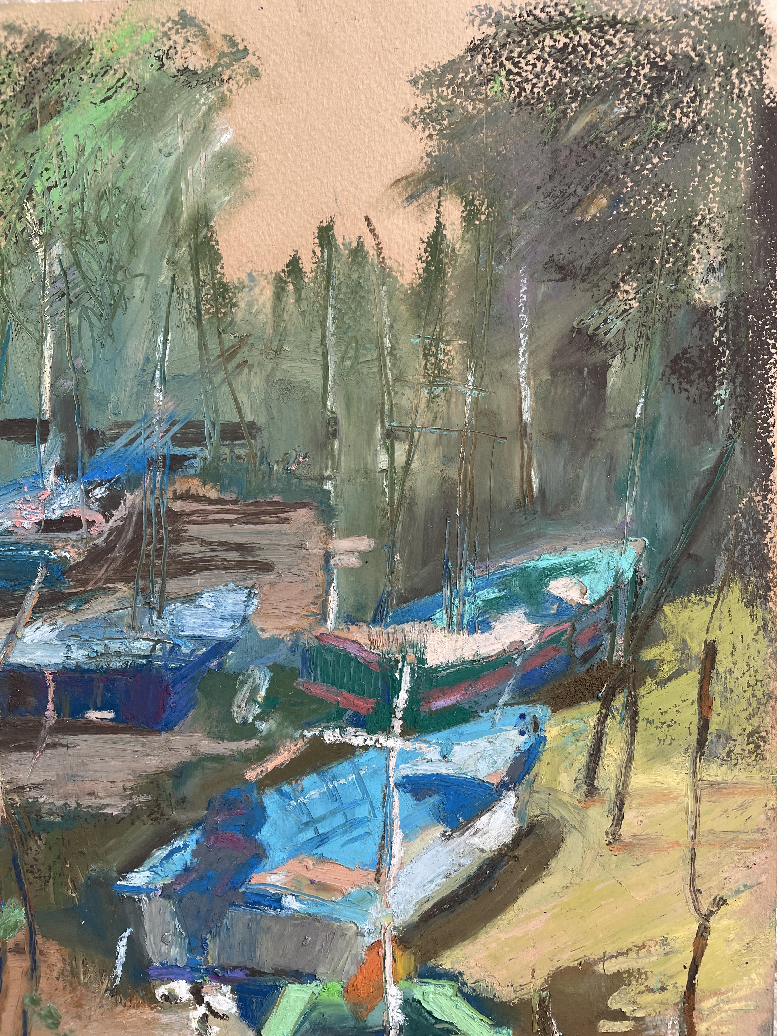 Studio di barche, Koh Samui, Thailandia, pastelli a olio, barche, verticale, impressionismo - Painting Impressionismo astratto di Irina Forrester