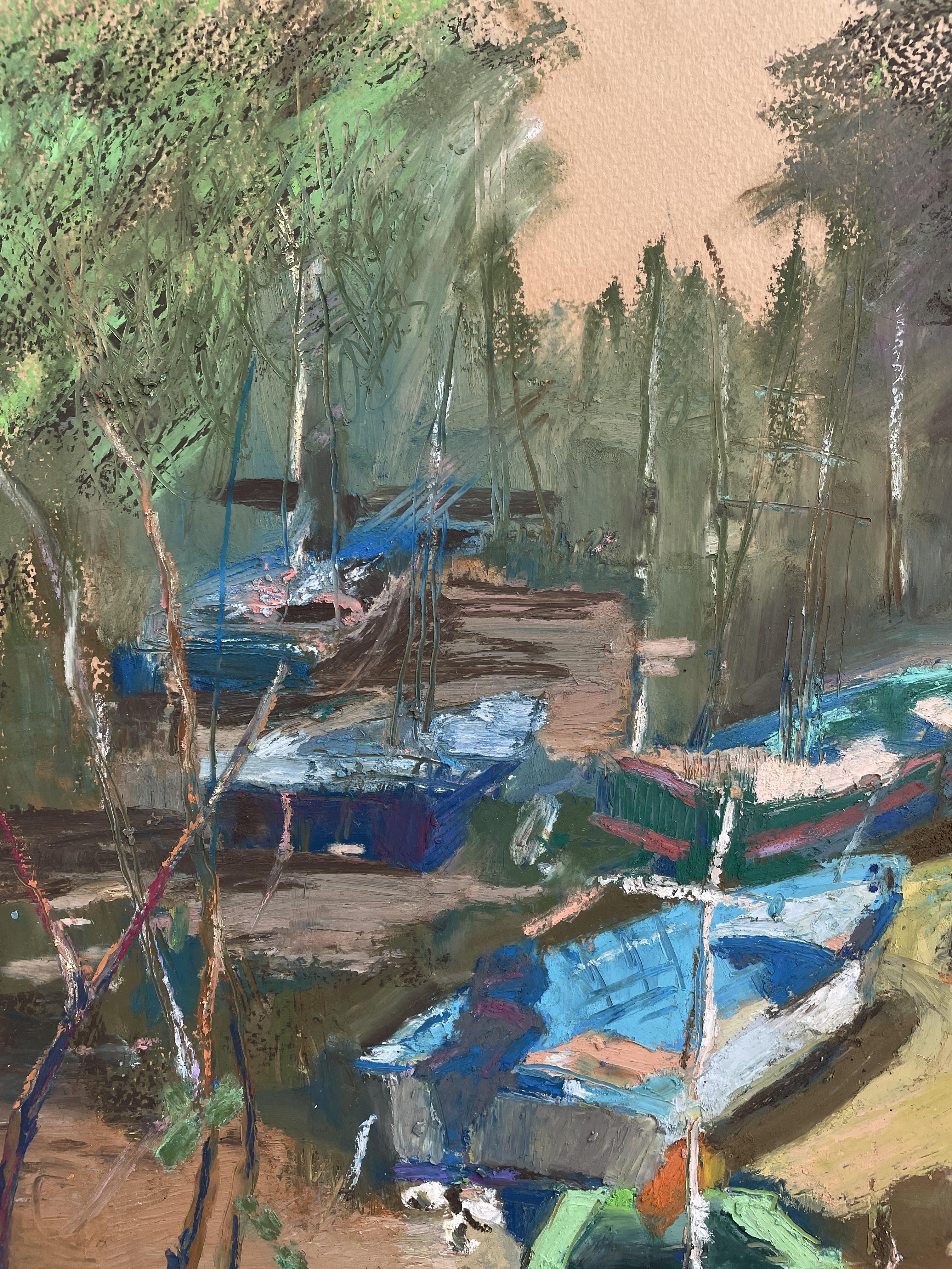 Studio di barche, Koh Samui, Thailandia, pastelli a olio, barche, verticale, impressionismo - Abstract Painting Grigio di Irina Forrester